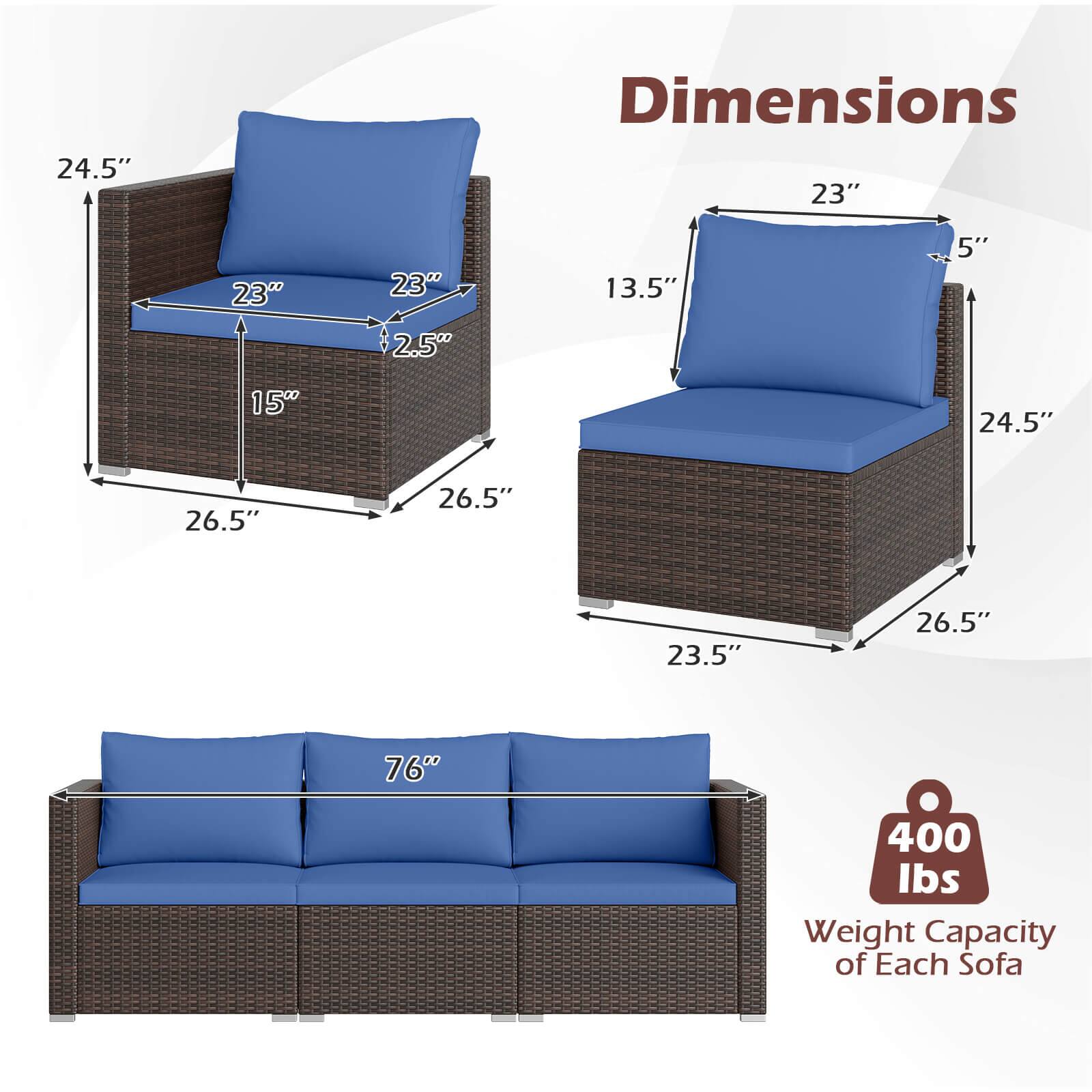 24.5" Dimensions 23" 23" 23" 13.5" 5" 2.5" 15" 24.5" 26.5" 26.5" 23.5" 26.5" 76" 400 lbs Weight Capacity of Each Sofa