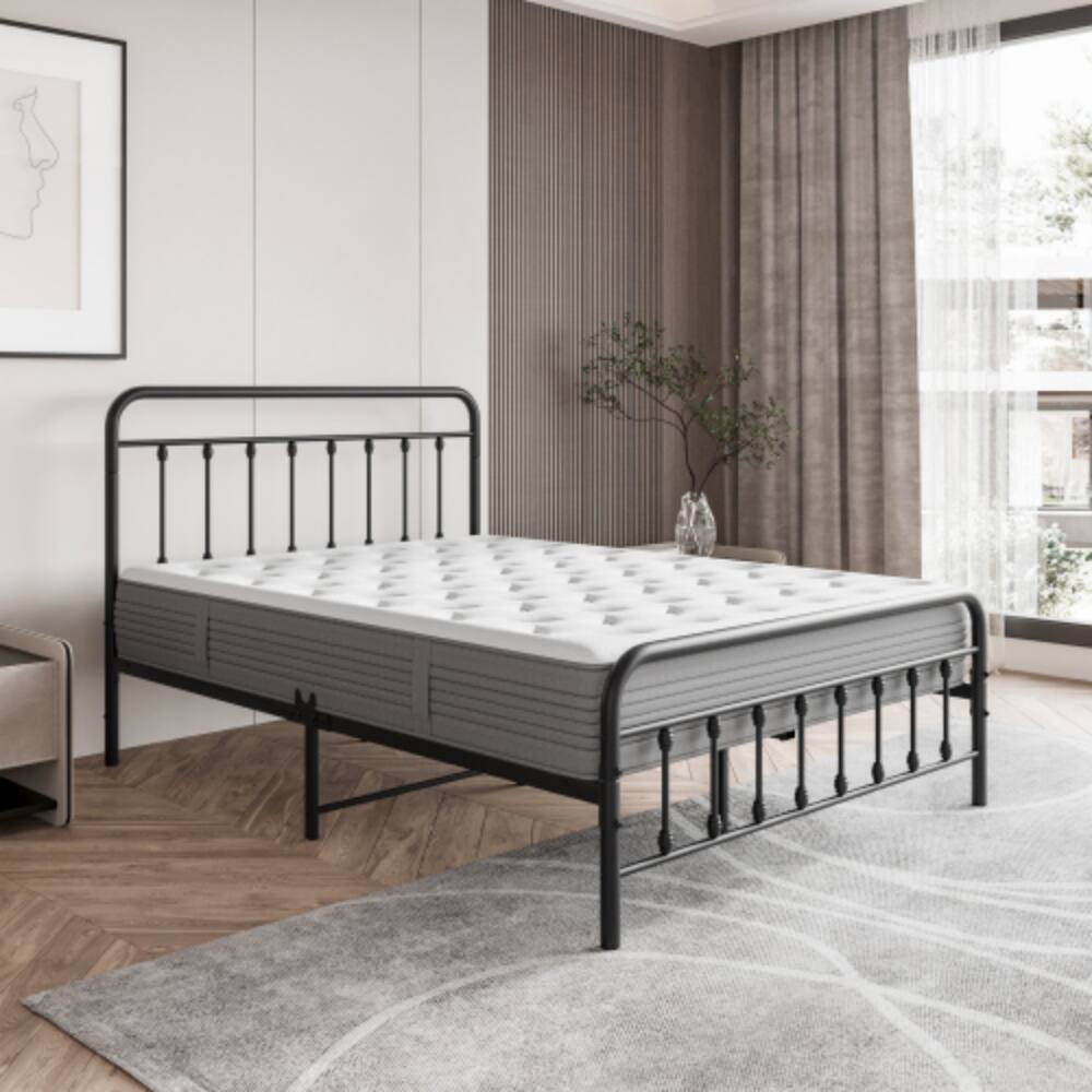 Back. LUCKY ONE - Full Size Metal Platform Bed Frame with Victorian Headboard and Footboard, Steel Slats, No Box Spring Needed - Black.