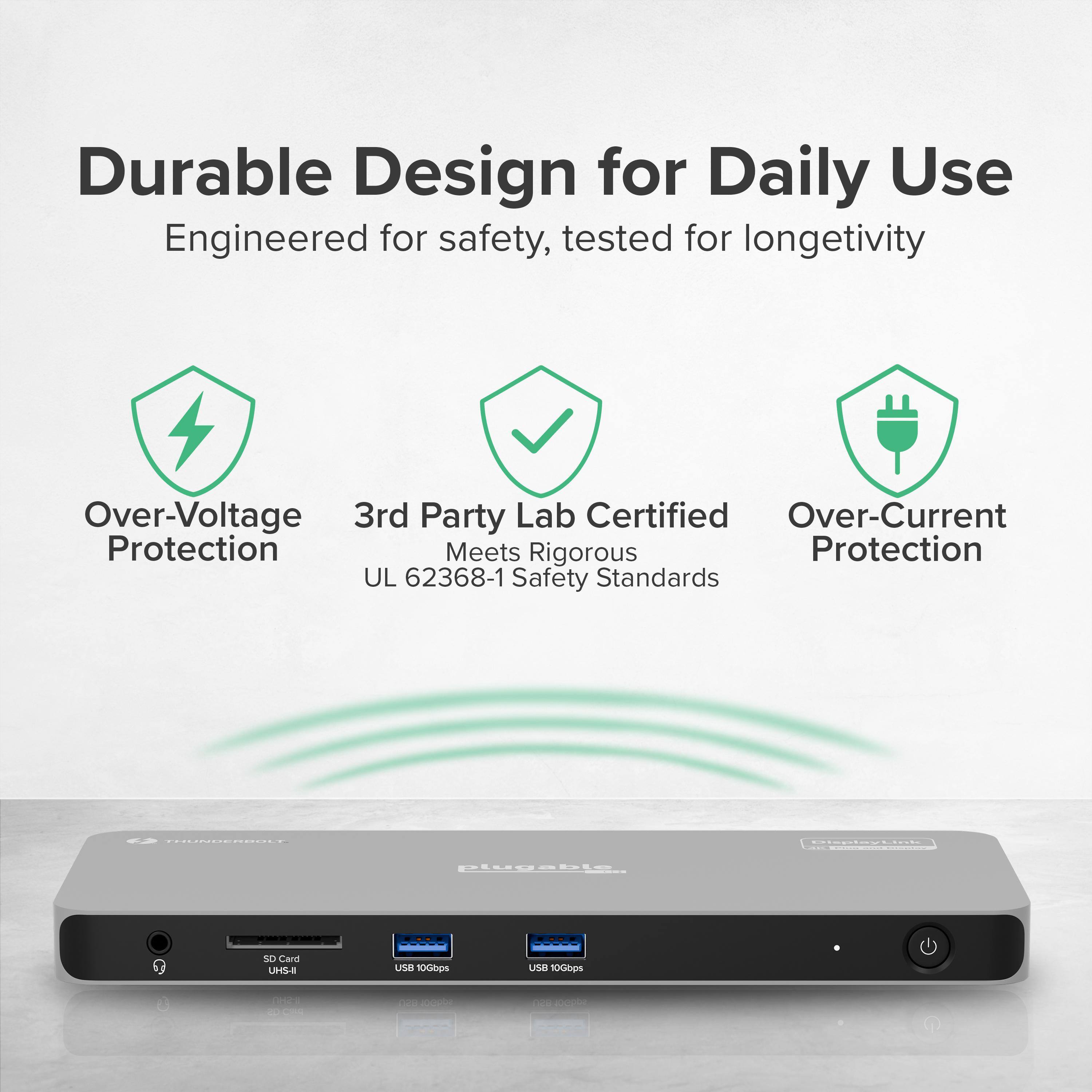 Durable Design for Daily Use  
Engineered for safety, tested for longevity  

Over-Voltage Protection  
3rd Party Lab Certified  
Over-Current Protection  
Meets Rigorous Safety Standards  
UL 62368-1  

SD Card UHS-I  
USB 10Gbps