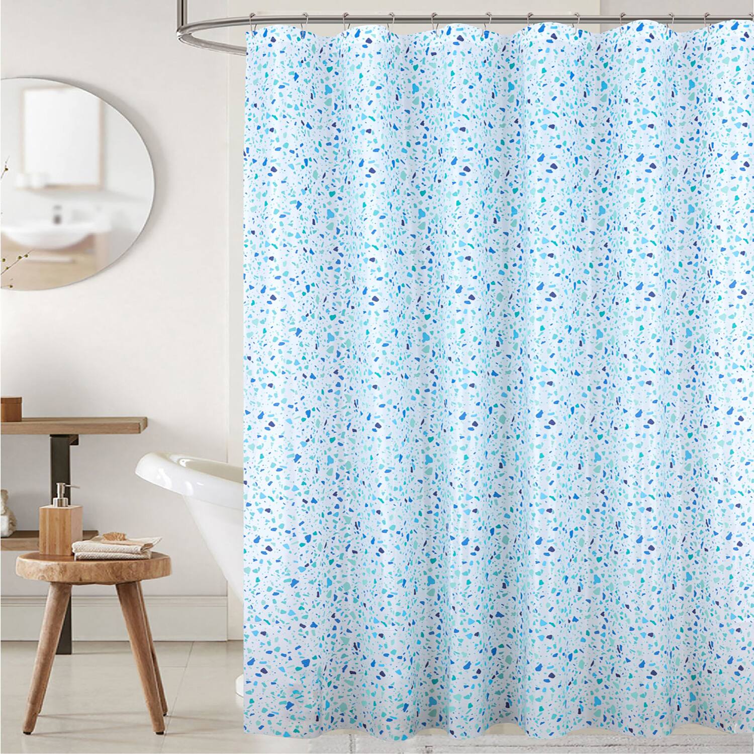 Angle. RT Designers Collection - RT Designers Collection 90GSM Peva Glit Printed Terrazzo Shower Curtain 70" x 72" Blue - Blue.