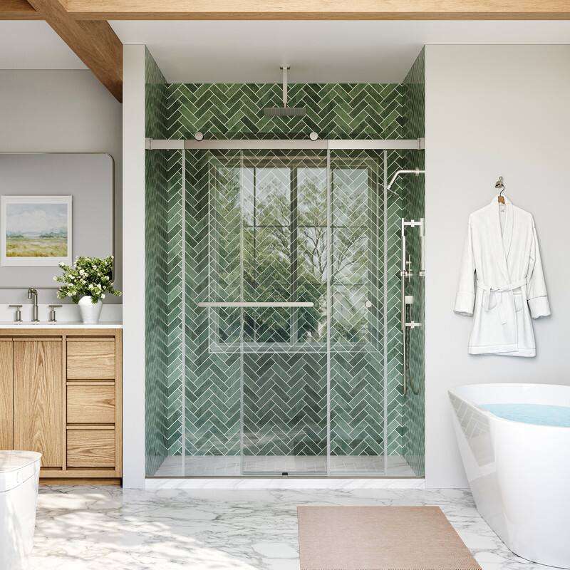Left. WELLFOR - 56-60 in W x 74 in H Double Sliding Frameless Shower Door with 1/4 in. Clear SGCC Tempered Glass - Brushed Nickel.