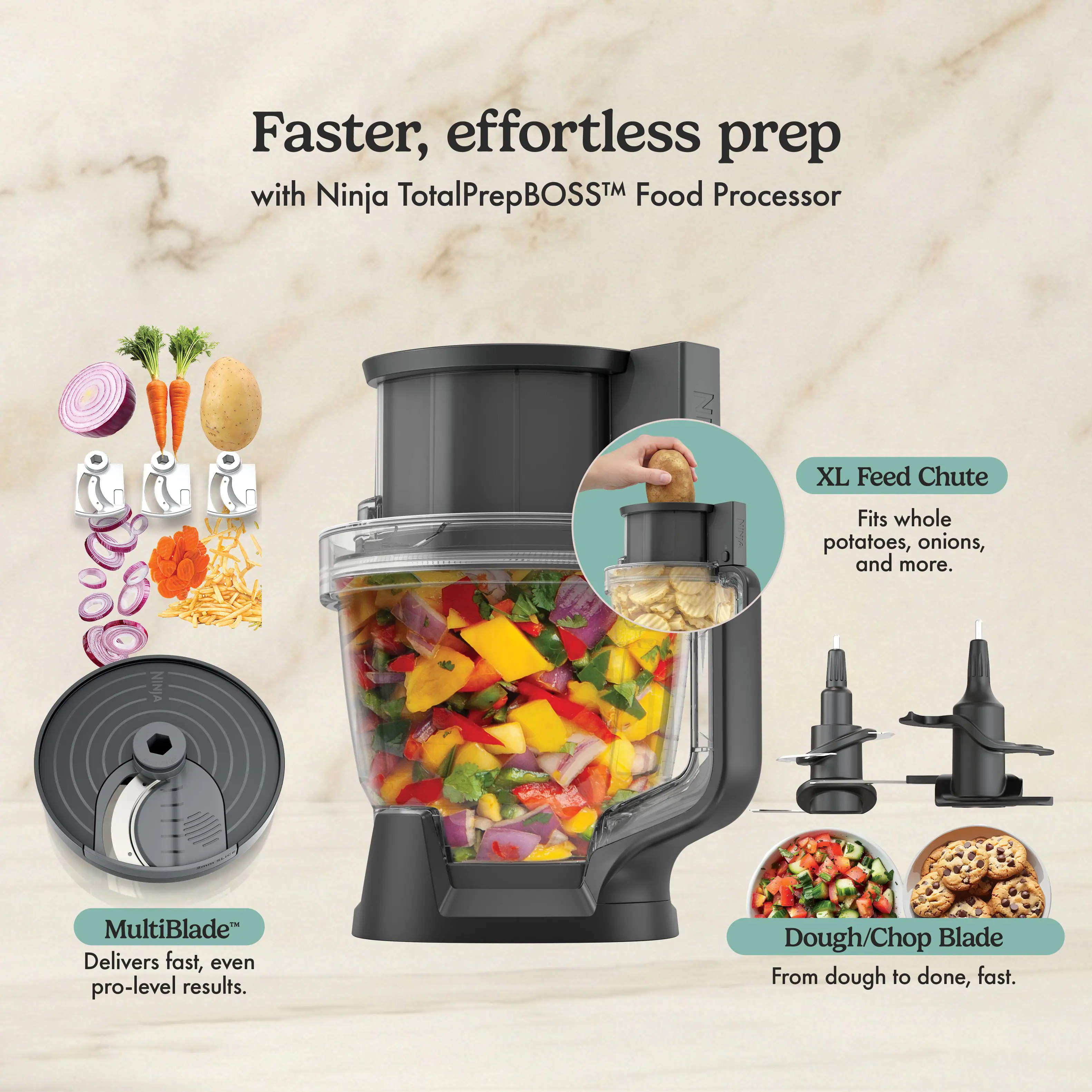 Faster, effortless prep with Ninja TotalPrepBOSS™ Food Processor XL Feed Chute Fits whole potatoes, onions, and more. NINJA MultiBlade Delivers fast, even pro-level results. Dough/Chop Blade From dough to done, fast.