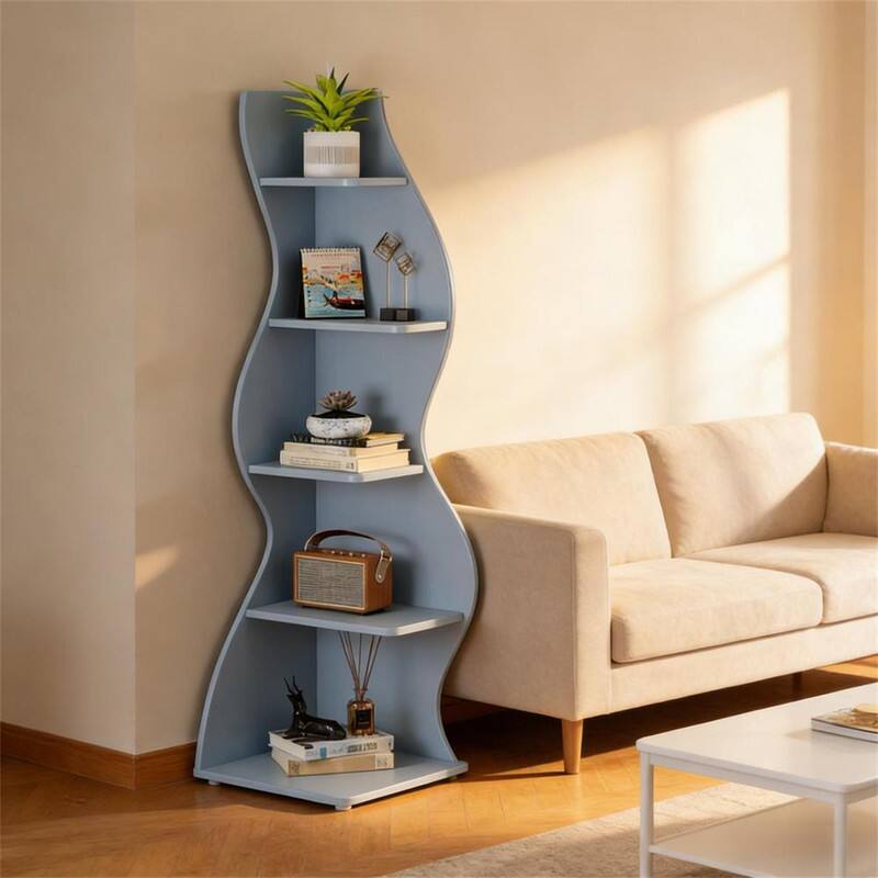 Angle. HTUTWOO - Wall Corner Bookcase - 5-Tier Wood Corner Shelf, 70.53" Tall, Display Storage Rack with Snap Setup for Small Spaces - Blue.