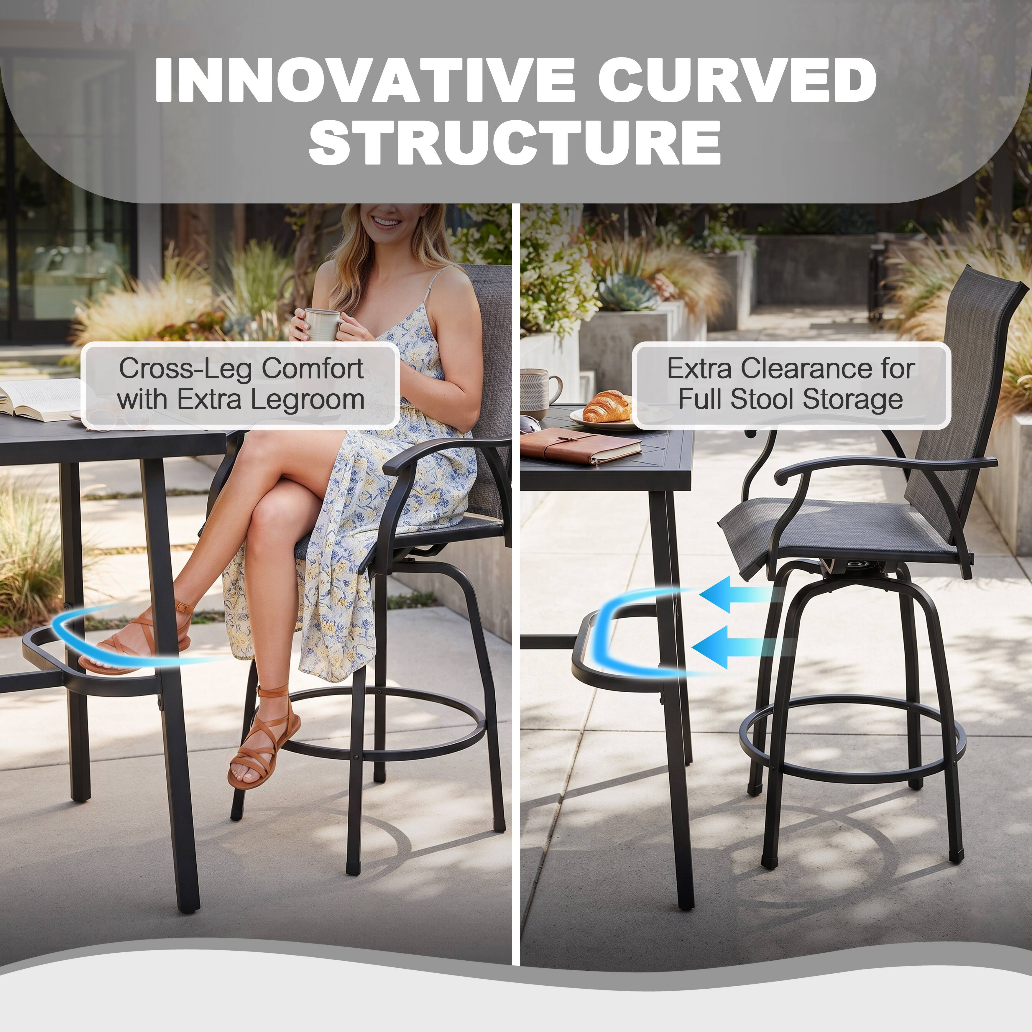 INNOVATIVE CURVED STRUCTURE

Cross-Leg Comfort with Extra Legroom

Extra Clearance for Full Stool Storage