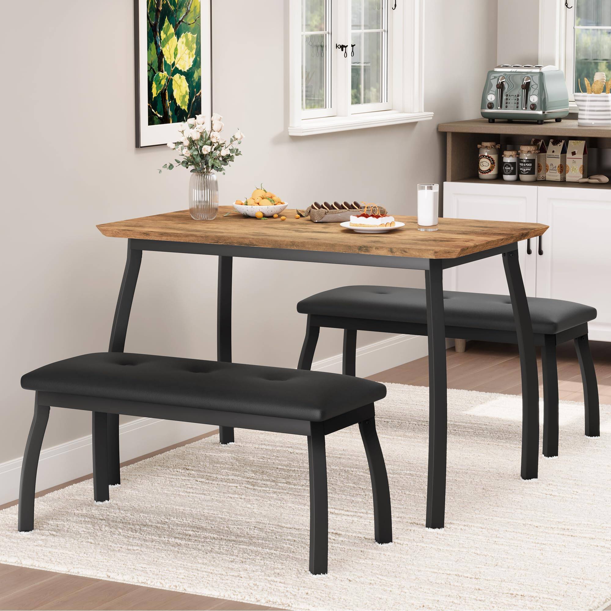 Front. Homhougo - Dining Table Set for 4, 3-Piece Wooden Kitchen Table with 2 Upholstered Benches, Space-Saving Dinette Set - Brown.