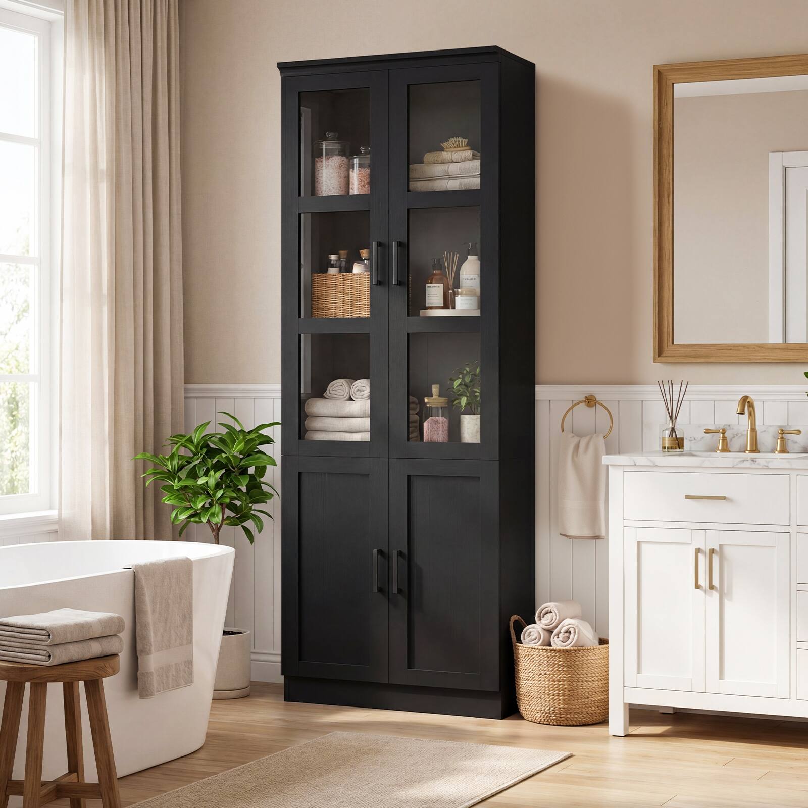 Alt View 2. Aheaplus - Pantry Storage Cabinet, 79.7'' Tall Freestanding Kitchen Storage Cabinet with Glass Doors & Adjustable Shelves - Black.