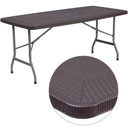 Front. Emma + Oliver - 5.62-Foot Brown Rattan Indoor-Outdoor Plastic Folding Table with Umbrella Hole - Brown.