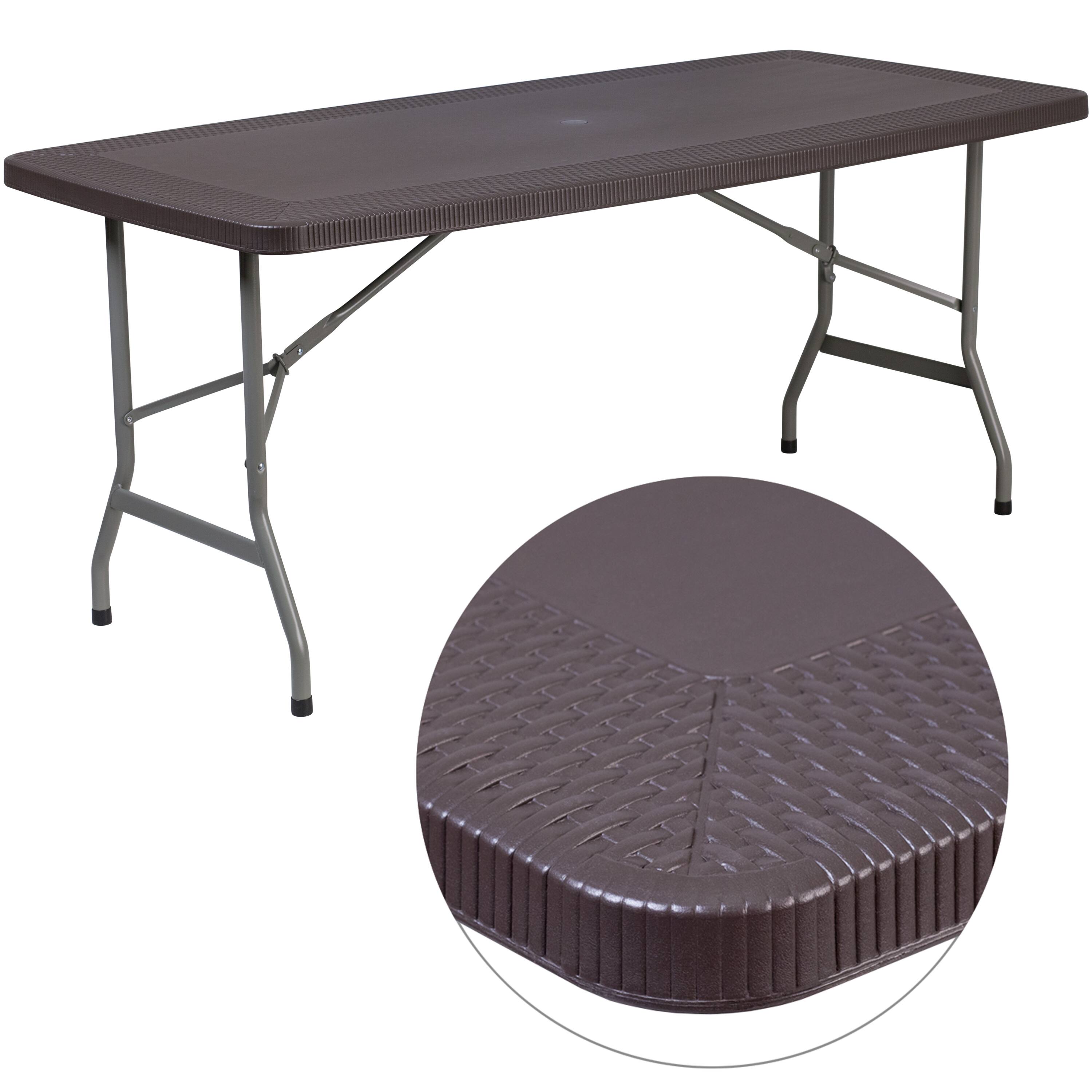 Emma + Oliver - 5.62-Foot Rattan Indoor-Outdoor Plastic Folding Table with Umbrella Hole - Brown