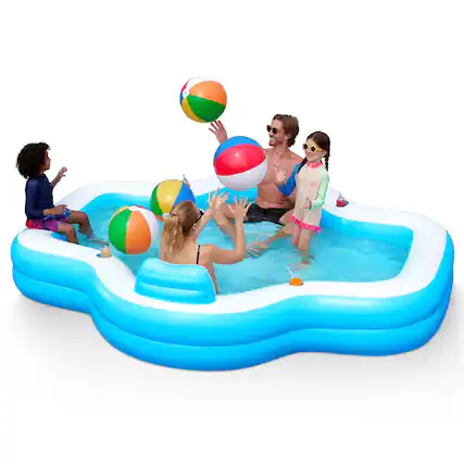 Front. Joyfy - 120 x 101 x 26" Inflatable Swimming Pool, Family Pool with Seats Backrest Cup Holder Kids Summer Water Party Blue - Blue.