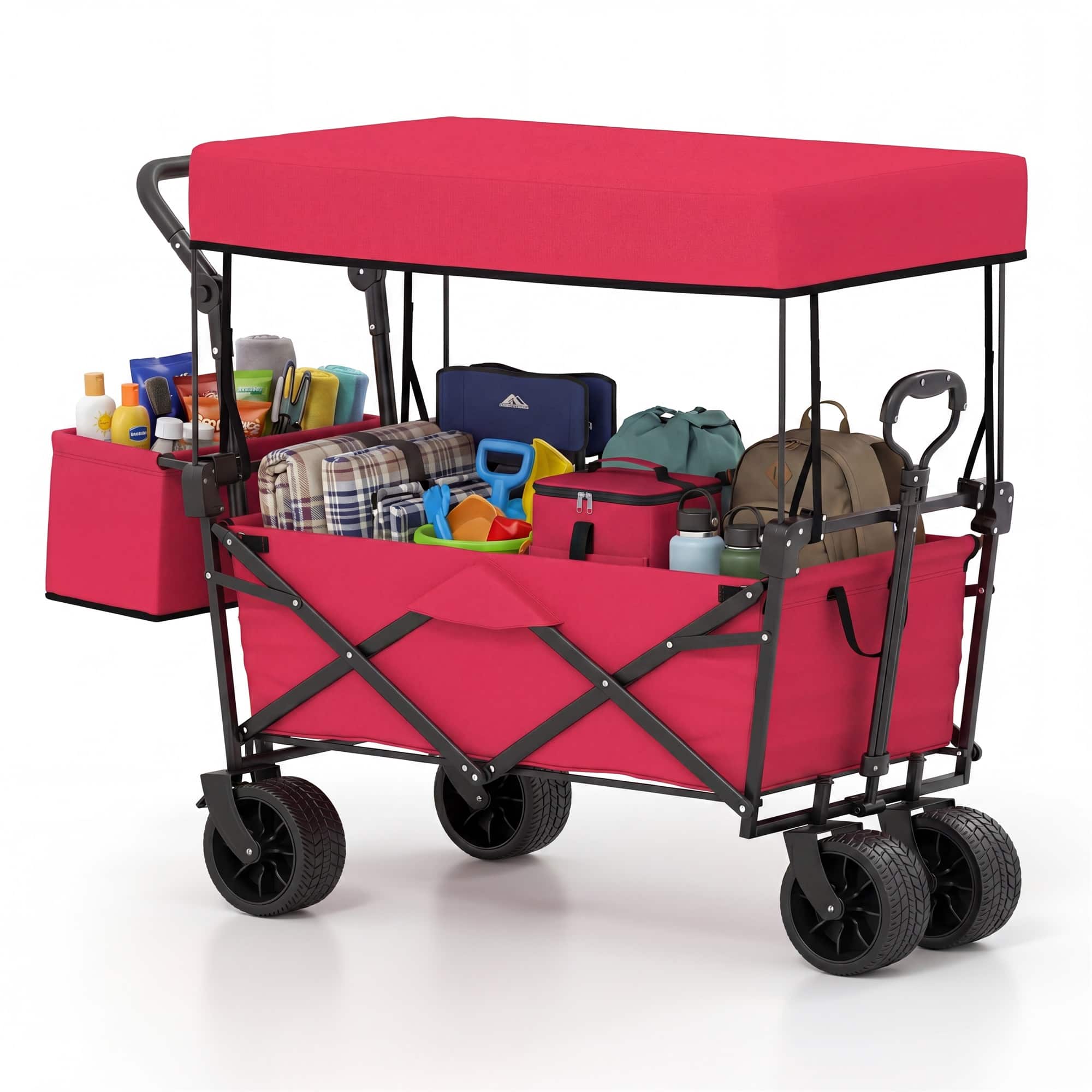 Costway - Folding Utility Wagon with Detachable Canopy, Collapsible Garden Cart with Adjustable Push & Pull Handles - Red