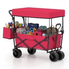 Costway - Folding Utility Wagon with Detachable Canopy, Collapsible Garden Cart with Adjustable Push & Pull Handles - Red