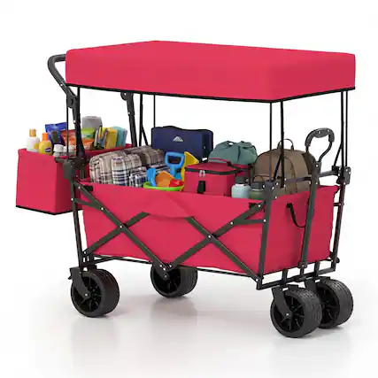 Front. Costway - Costway Folding Utility Wagon with Detachable Canopy, Collapsible Garden Cart with Adjustable Push & Pull Handles - Red.