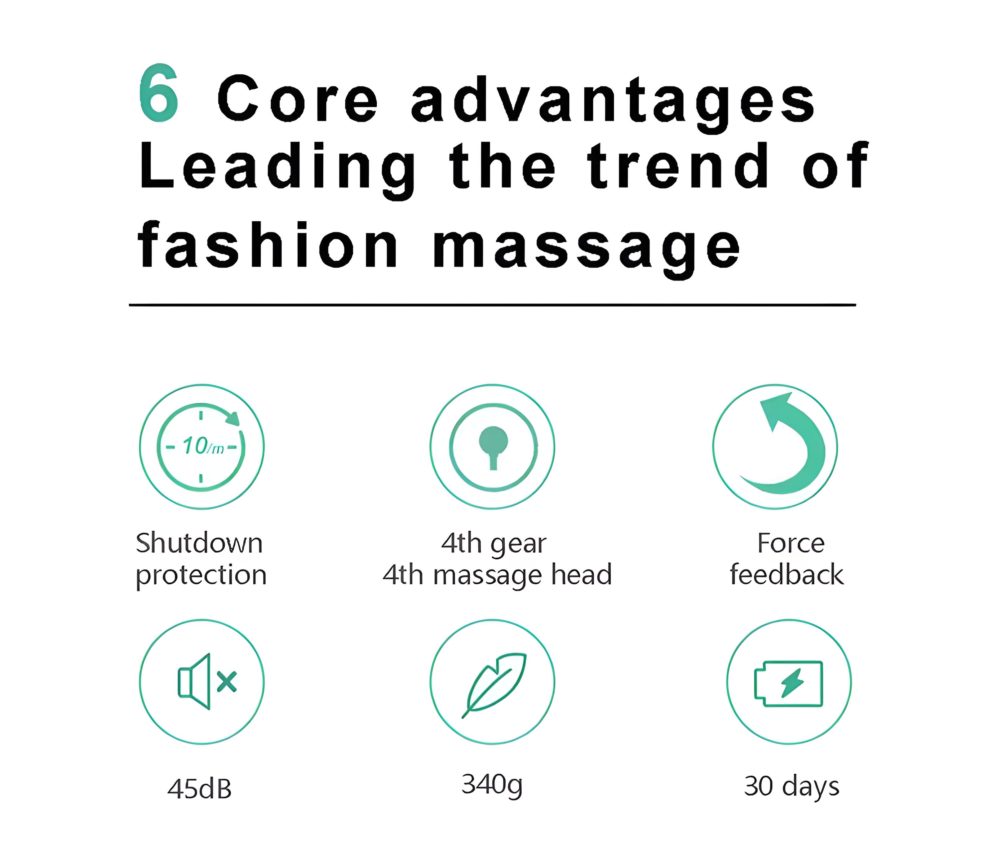 6 Core advantages Leading the trend of fashion massage

- 10/m Shutdown protection
- 4th gear 4th massage head
- Force feedback
- 45dB
- 340g
- 30 days
