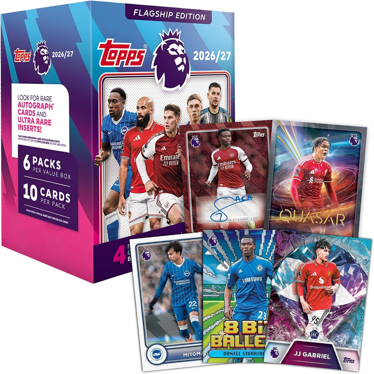 teps  
2026/27  
FLAGSHIP EDITION tepps 2026/27  
LOOK FOR RARE AUTOGRAPH CARDS AND ULTRA RARE INSERTS!  
TEPPS  
6 PACKS PER VALUE BOX 10 CARDS PER PACK  
AMER EXPR 4  
Emirates BETTER AMERICAN EXPRESS  
Emirates BETTER FAT standon LB AUTOGRAPH ISSOC QUASAR SOMSUNG Snapdroa  
22 23 8.Bi BALLE KAORU MITOM DANIEL STURRIDE  
95 RC JJ GABRIEL TEPPS