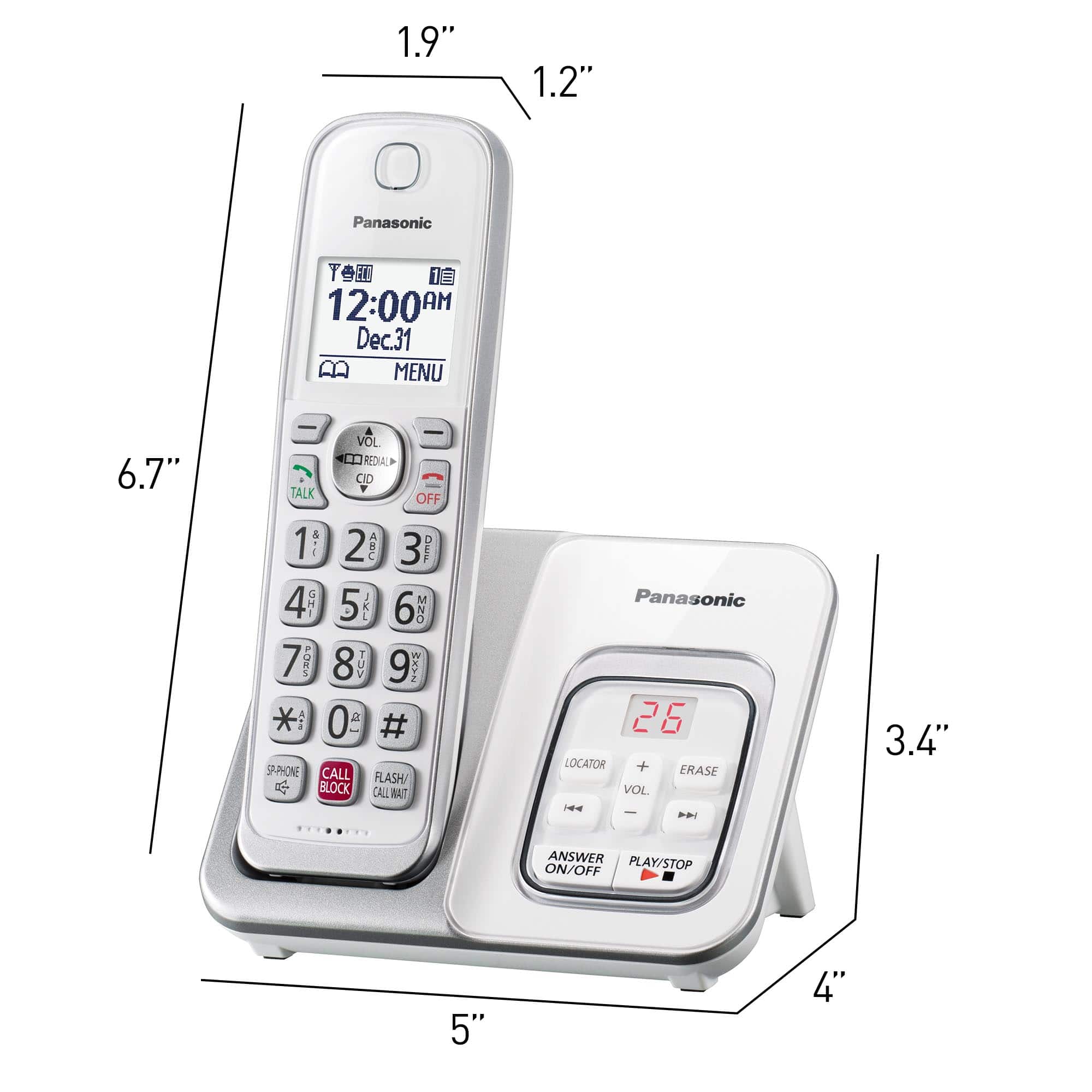 The image shows a Panasonic phone with a clock on the screen. The phone is 1.9 inches tall and 1.2 inches wide. The clock displays the time as 12:00 AM on December 31. The phone also has a menu button, and it is 6.7 inches tall. The phone is designed to block and flash calls, and it has a locator feature. The image also includes a diagram of the phone, which shows the dimensions and layout of the device.