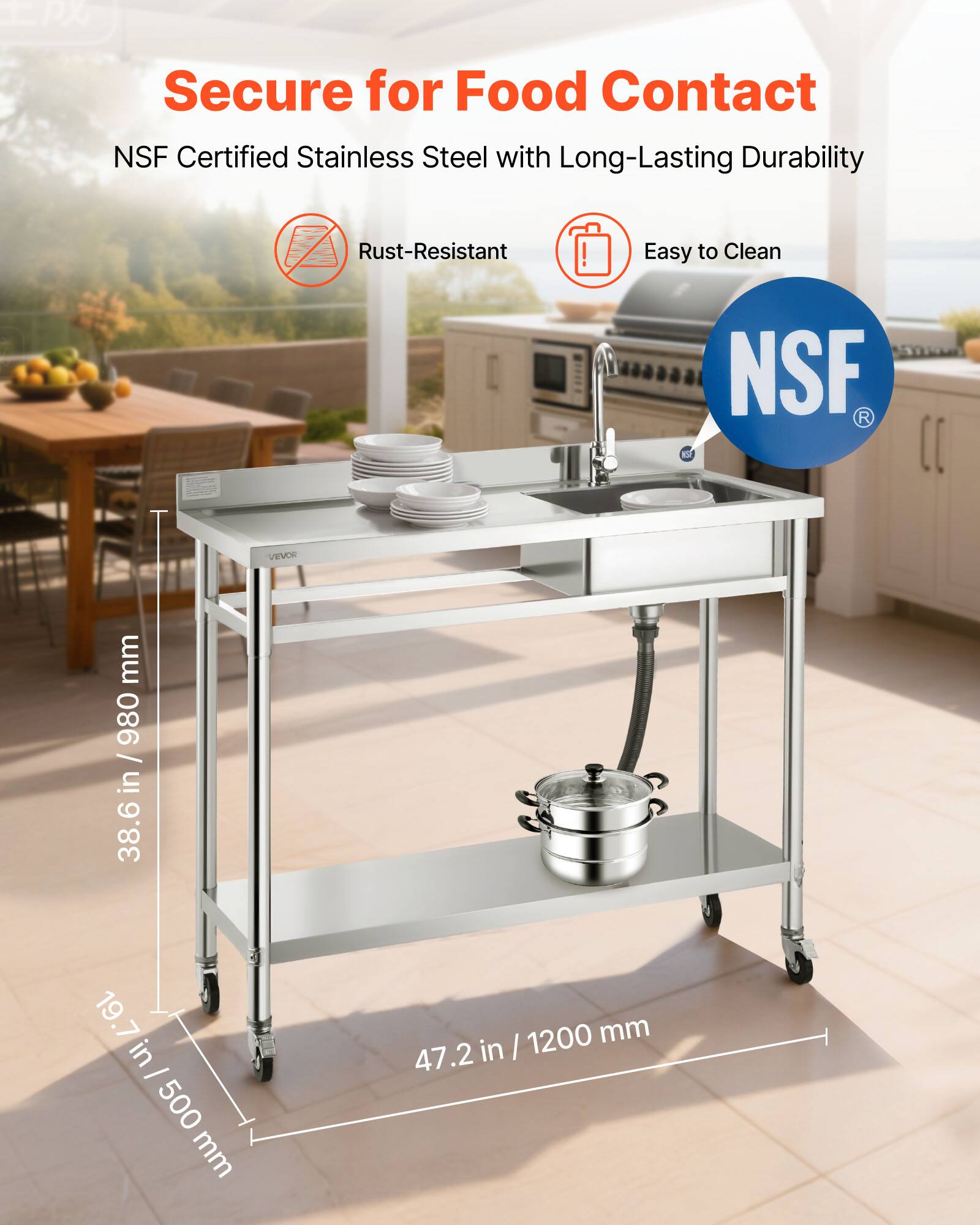 Sure, here is the corrected and grouped text from the image:

---

**Secure for Food Contact**

NSF Certified Stainless Steel with Long-Lasting Durability

- Rust-Resistant
- Easy to Clean

**Dimensions:**
- 38.6 in / 980 mm
- 19.7 in / 500 mm
- 47.2 in / 1200 mm

---

**NSF**