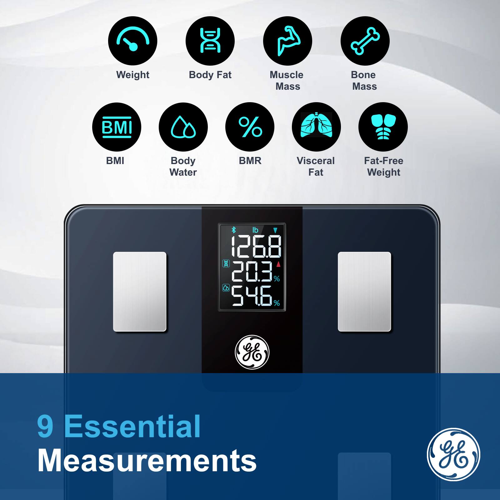 Weight Body Fat Muscle Mass Bone Mass BMI Body Water BMR Visceral Fat Fat-Free Weight

126.8 lb
20.3%
54.6%

9 Essential Measurements