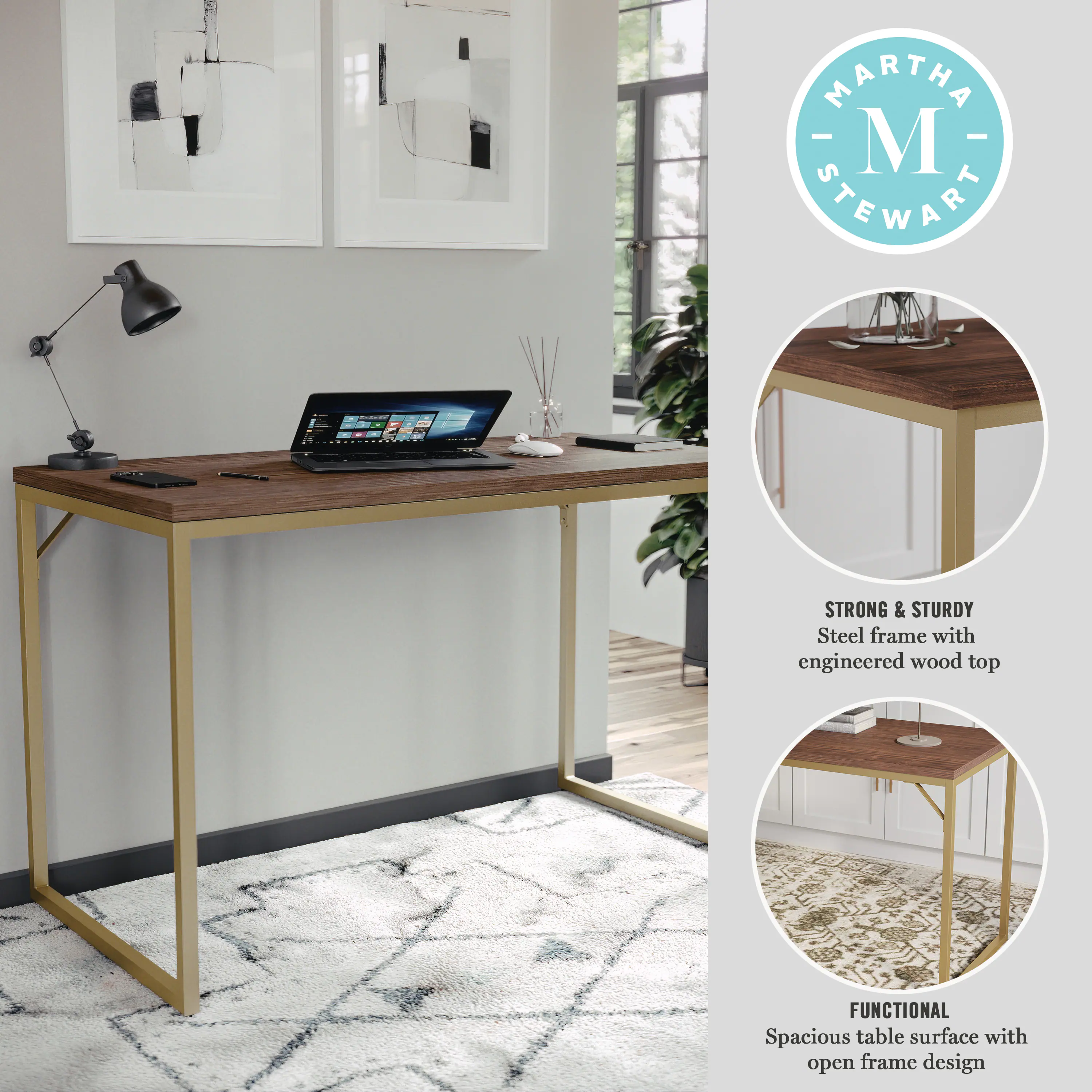 The text on the image reads: "Martha Stewart Strong & Sturdy Steel frame with engineered wood top Functional Spacious table surface with open frame design."