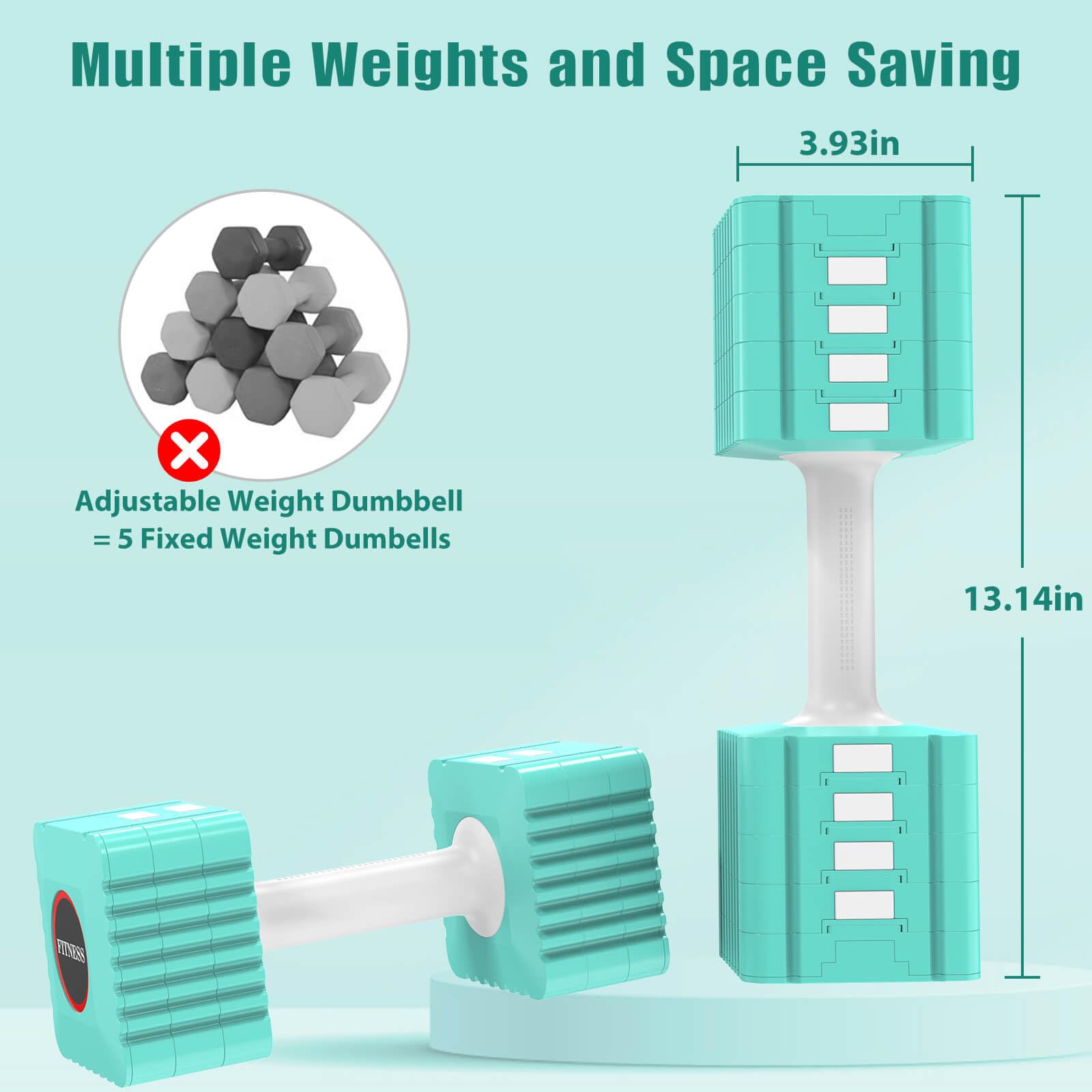 Multiple Weights and Space Saving

Adjustable Weight Dumbbell = 5 Fixed Weight Dumbells

3.93in

13.14in