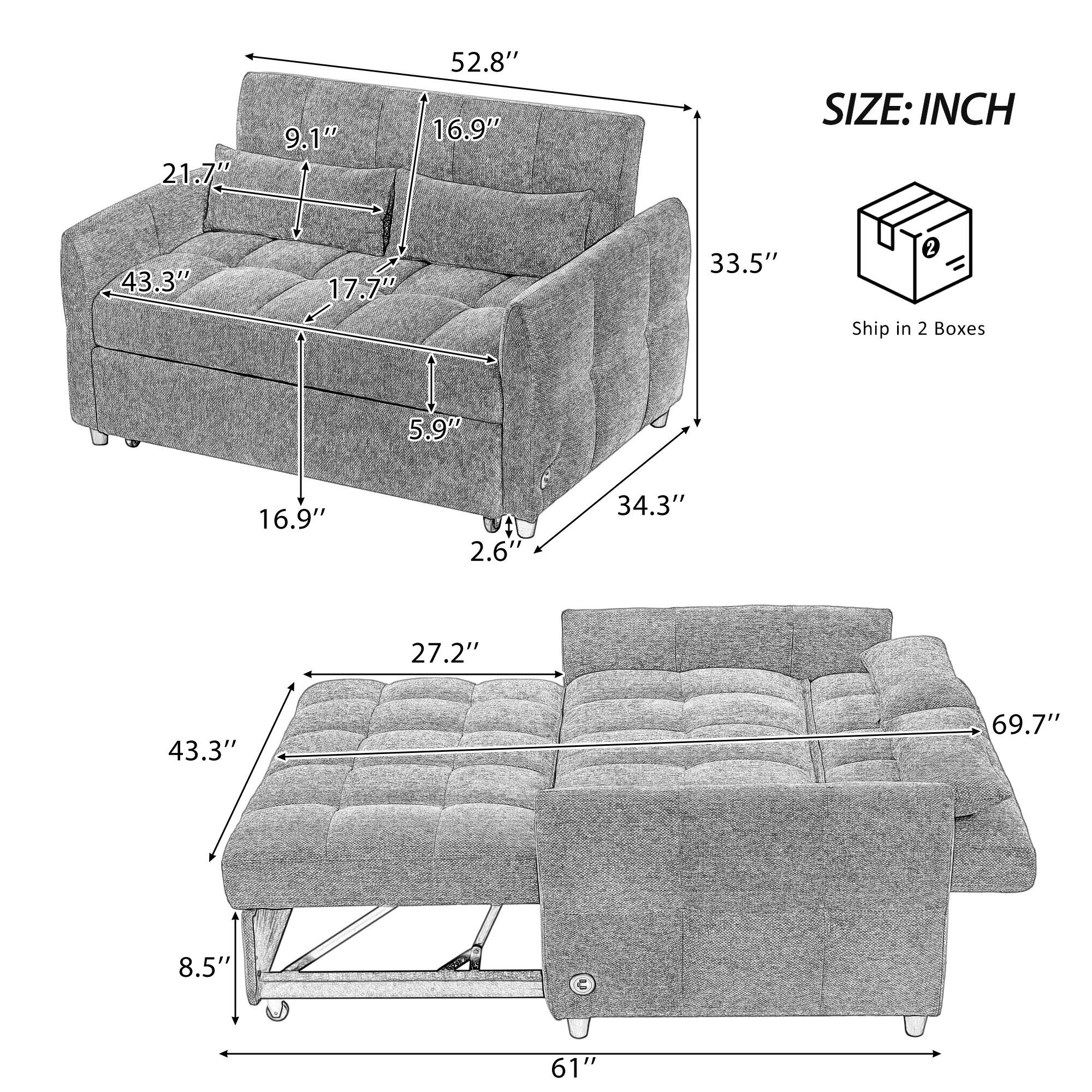 21.7"  
9.1"  
52.8"  
16.9"  
43.3"  
17.7"  
33.5"  
5.9"  
16.9"  
2.6"  
34.3"  
27.2"  
43.3"  
69.7"  
8.5"  
61"  

SIZE: INCH  
Ship in 2 Boxes