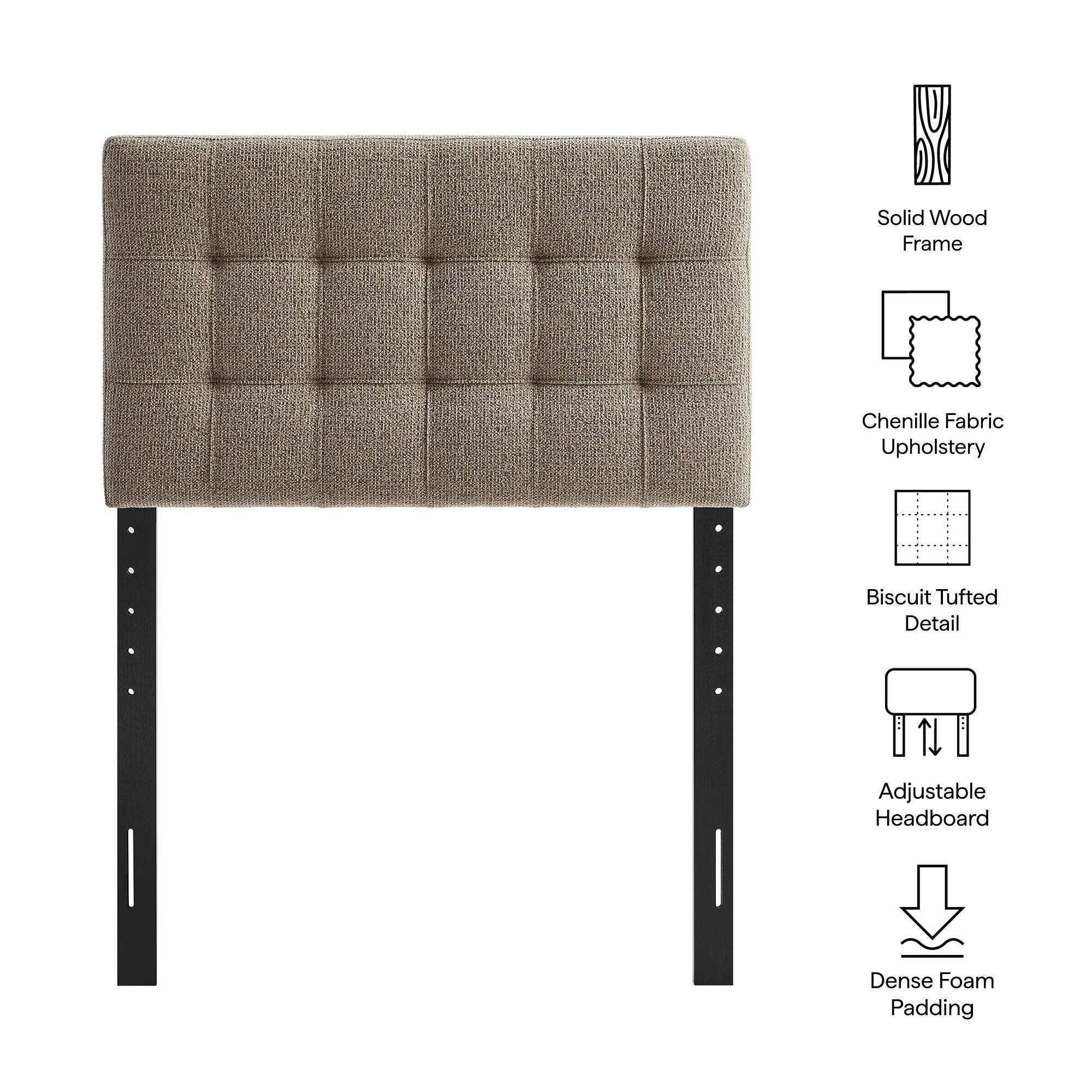 Solid Wood Frame  
Chenille Fabric Upholstery  
Biscuit Tufted Detail  
Adjustable Headboard  
Dense Foam Padding