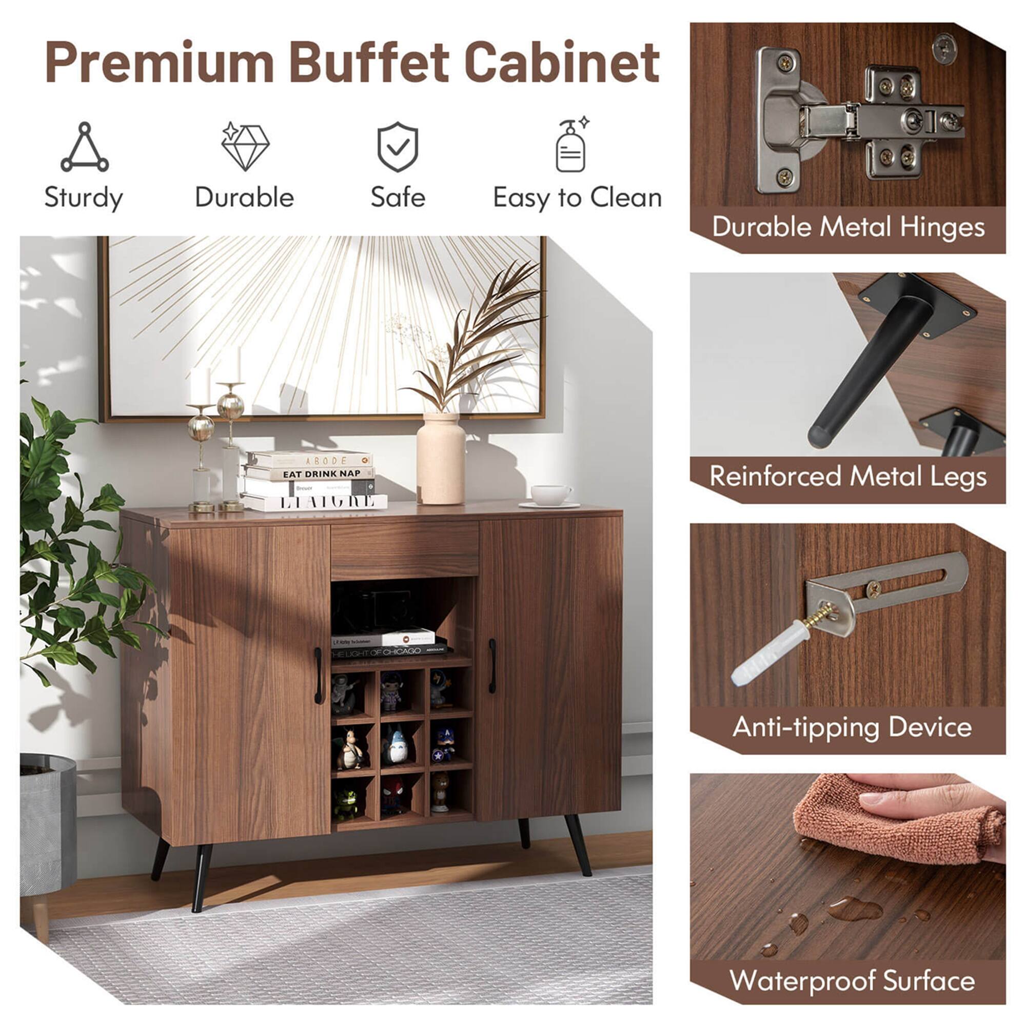Premium Buffet Cabinet: Sturdy, Durable, Safe, Easy to Clean, Durable Metal Hinges, Anti-tipping Device, Waterproof Surface.