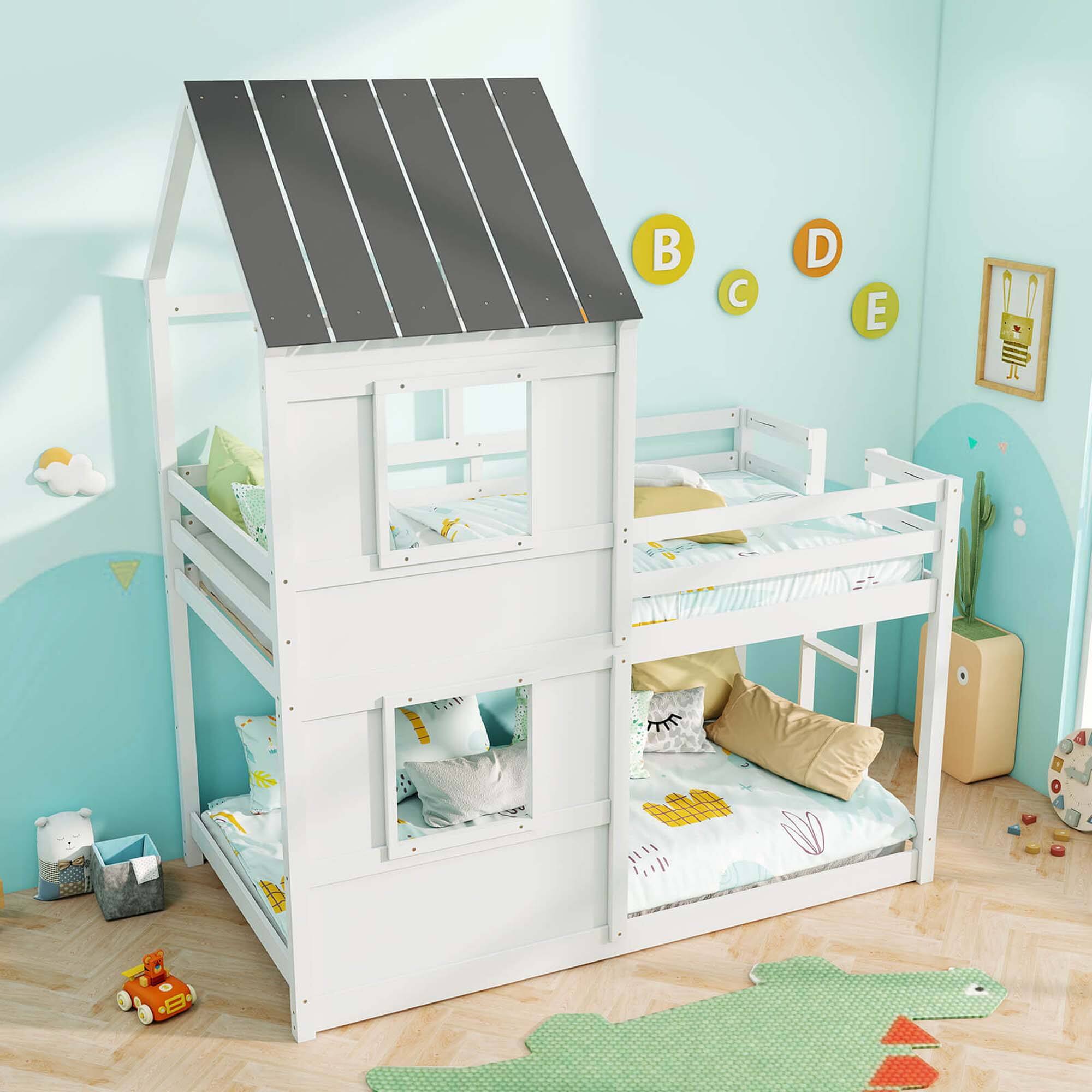Back. Costway - House Bunk Bed Twin Over Twin with Built in Ladder Window & Safety Guardrail - White.