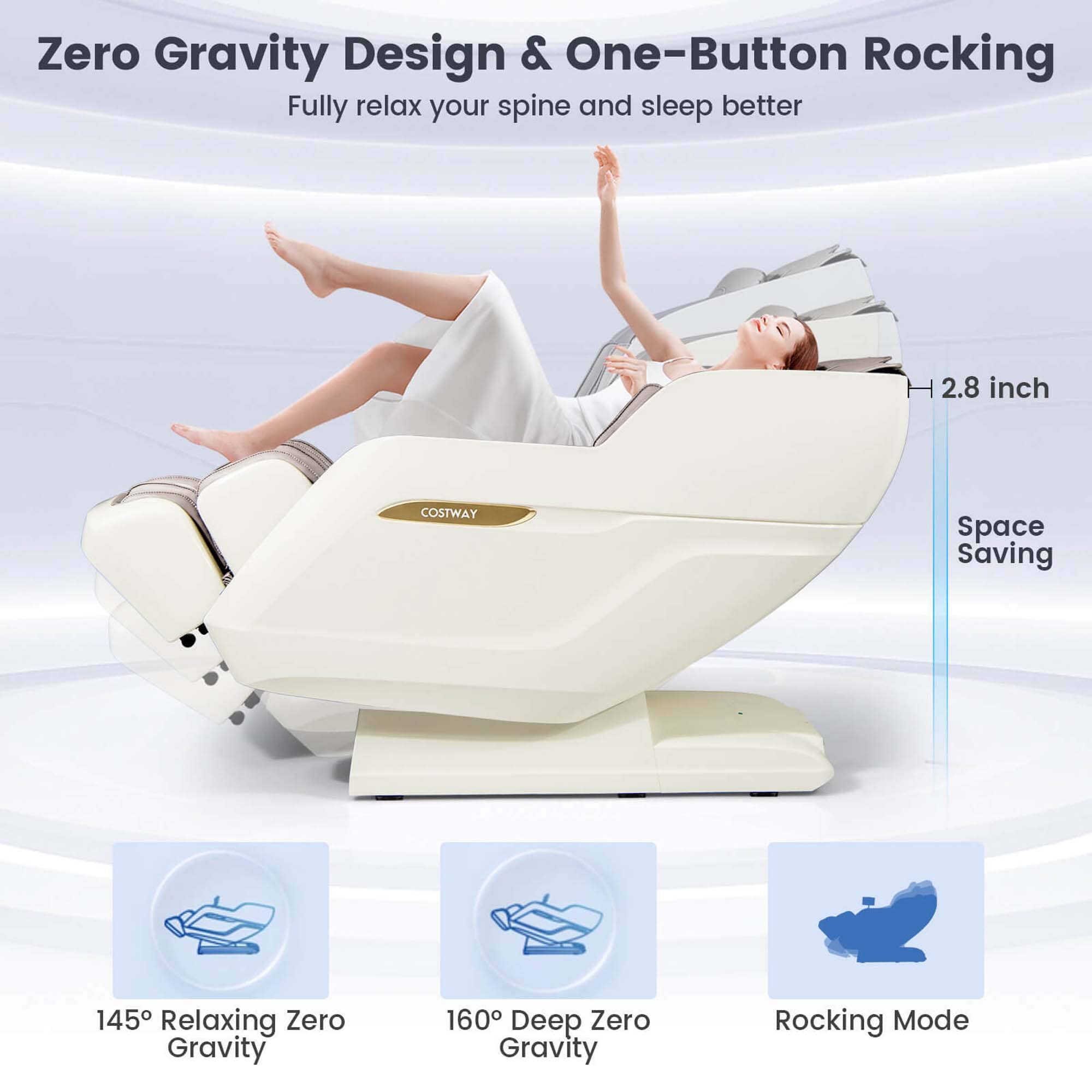 Zero Gravity Design & One-Button Rocking: Fully relax your spine and sleep better with the 2.8 inch COSTWAY Space Saving Zero Gravity Chair. Enjoy 145 degrees of relaxing Zero Gravity and 160 degrees of Deep Zero Gravity Rocking Mode.