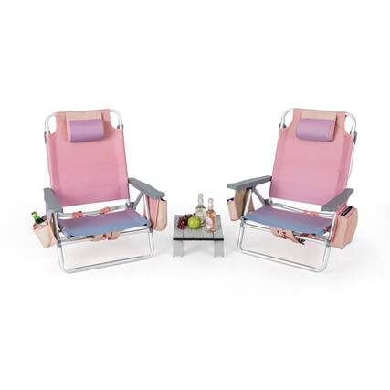 Front. Kadyn - 2 Packs 5-Position Outdoor Folding Backpack Beach Table Chair Reclining Chair Set-Pink, Backpack Folding Beach-Black - Pink.