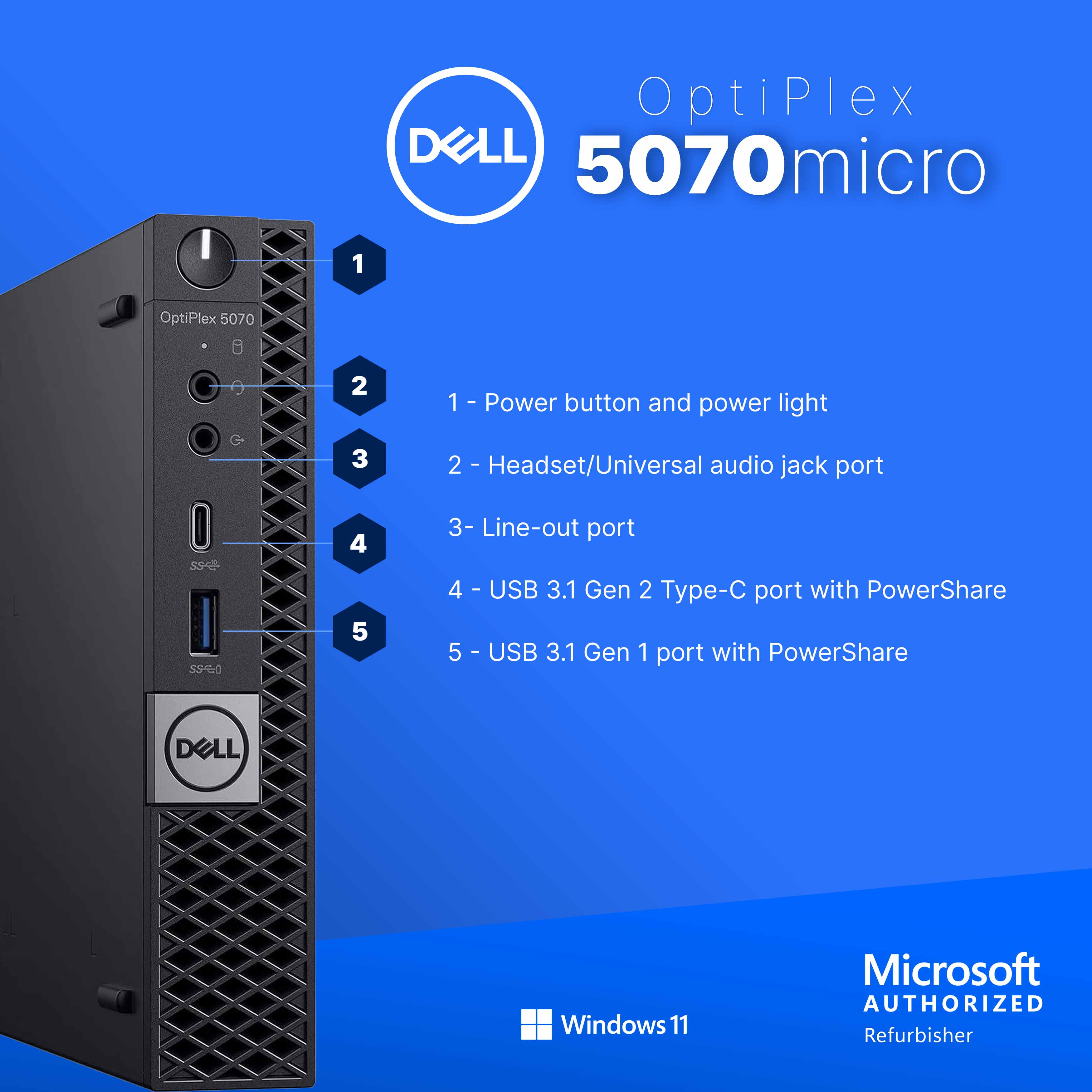 OptiPlex 5070 micro

1 - Power button and power light
2 - Headset/Universal audio jack port
3 - Line-out port
4 - USB 3.1 Gen 2 Type-C port with PowerShare
5 - USB 3.1 Gen 1 port with PowerShare

Microsoft Windows 11
Microsoft AUTHORIZED Refurbisher