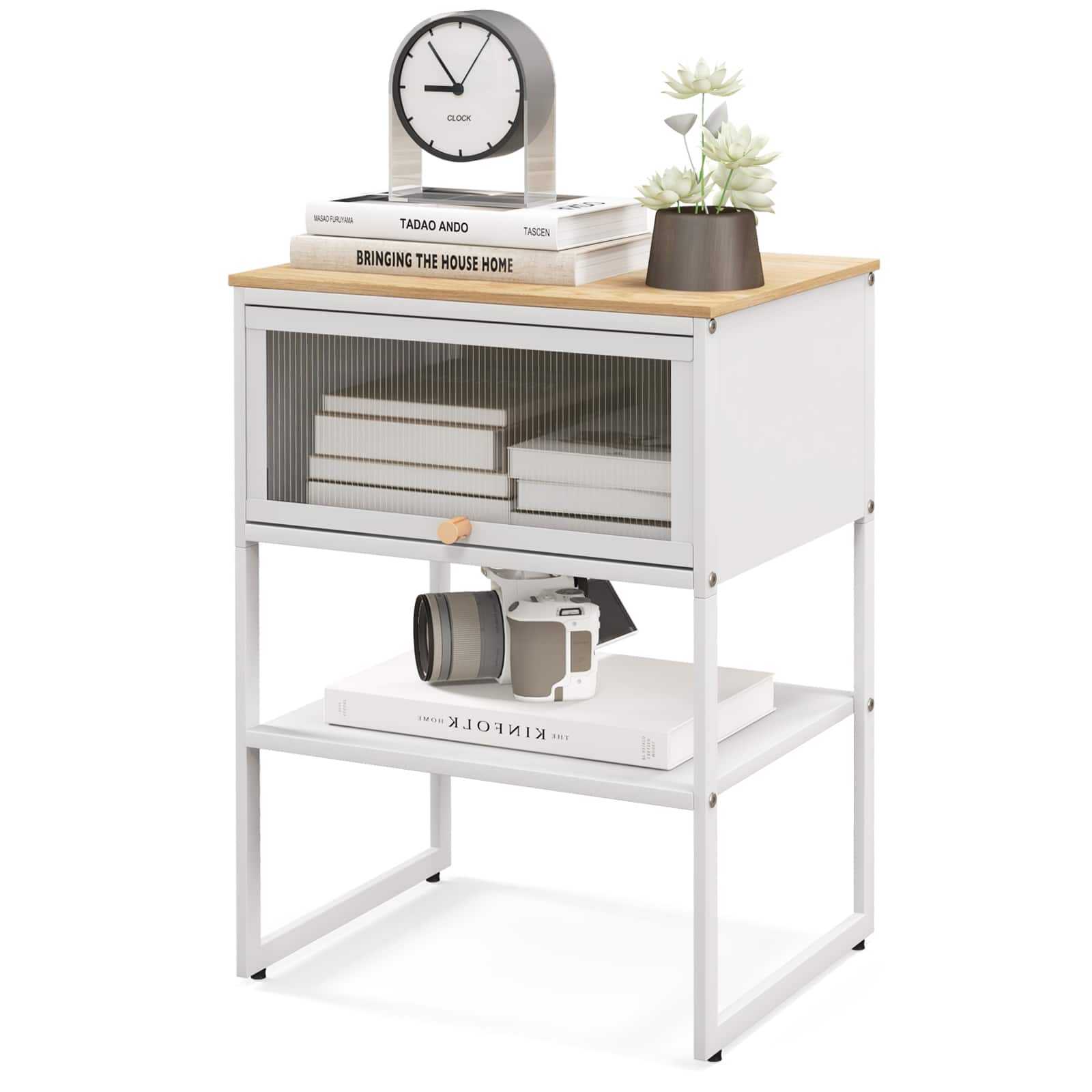 Ecooso - Nightstand with Flip Up Door and Storage Shelf Compact Bedside End Side Table - White