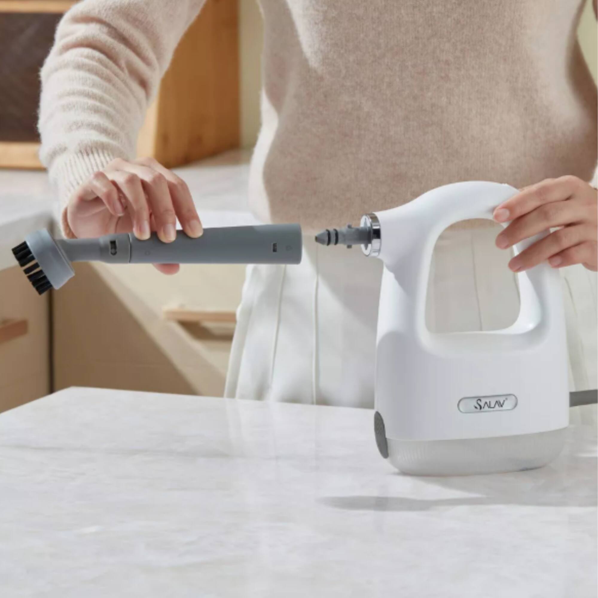 Angle. SALAV - Handheld Compact CleanSteam Steam Cleaner with 10Pc Accessories Set - White.