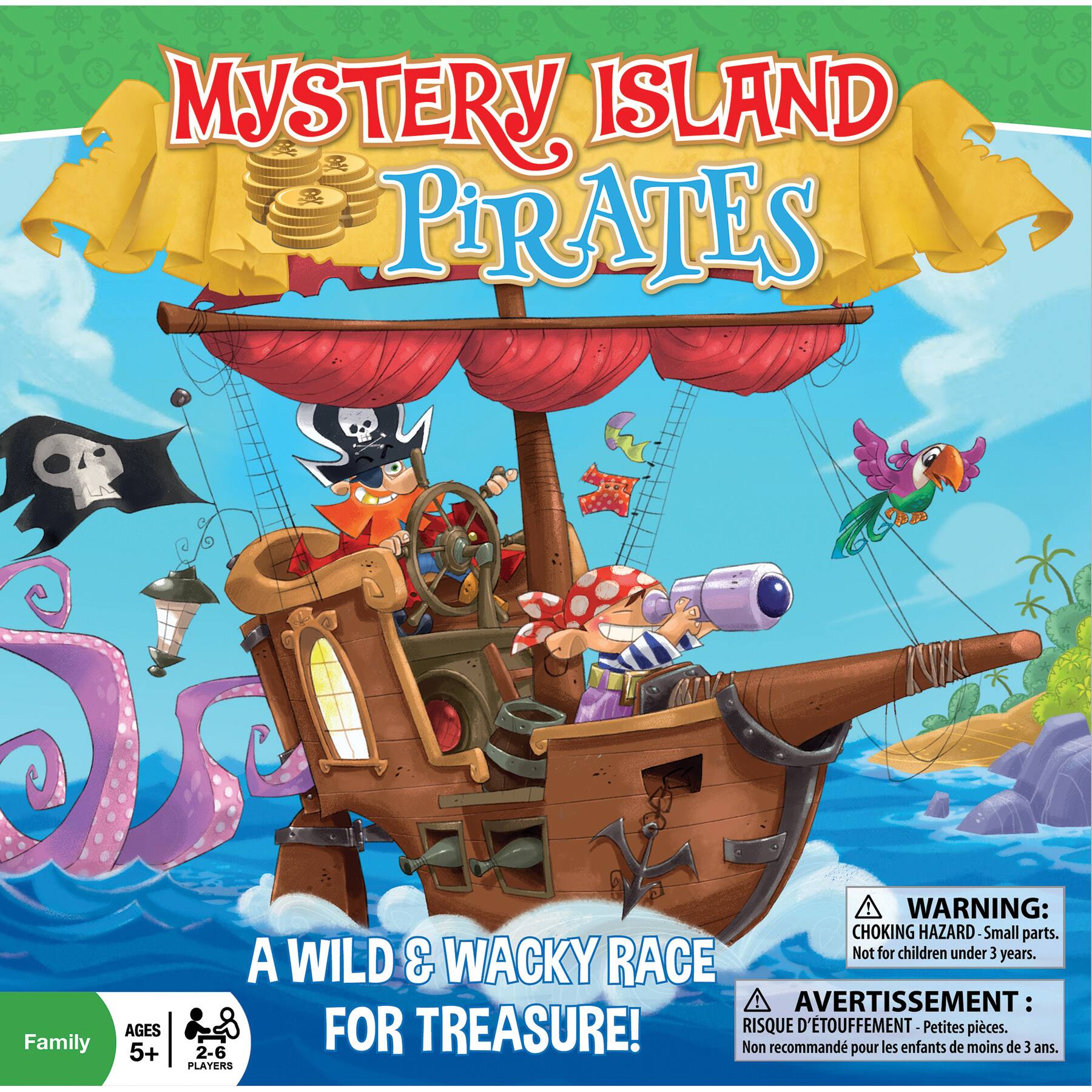 Mystery Island Pirates is a wild and wacky race for treasure! The game is designed for ages 5+ and has a warning that small parts may pose a choking hazard. It is not recommended for children under 3 years old.