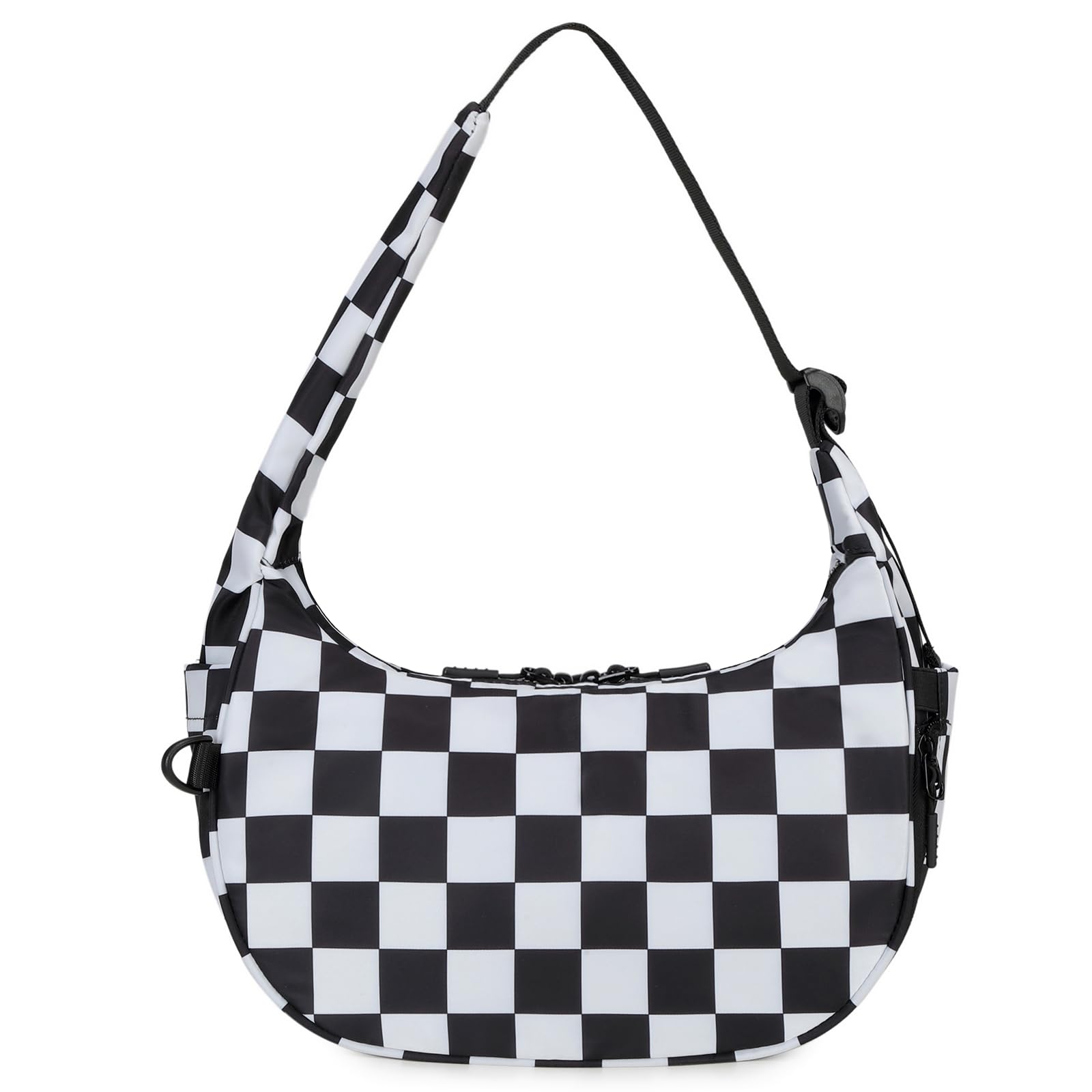 Front. Vulpecula Spade - Crescent Shoulder Bag for Women Checkered Purse Small Cute Clutch Hobo Handbags Nylon Quilted - Black.