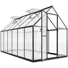 PULUZ - Polycarbonate Greenhouse with Swing Door and Two Adjustable Roof Vents, Aluminum Walk-in Greenhouse, 11x6 ft - Black