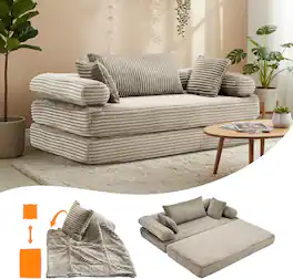 Winado - Convertible Futon Sofa Bed Corduroy Couch Loveseat Sleeper Sofa, 2-in-1 Throw Pillow & Blanket Couches for Living Room - Gray