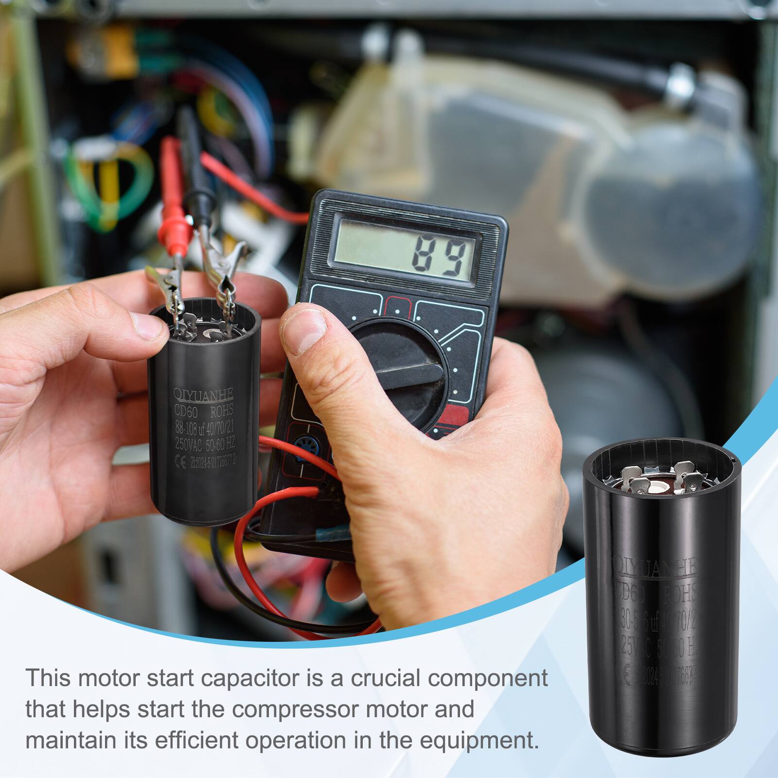 89 QIYUANHE CD60 ROHS 88-108 1 40/70 20 250VAD 50-60 FE CE

This motor start capacitor is a crucial component that helps start the compressor motor and maintain its efficient operation in the equipment.