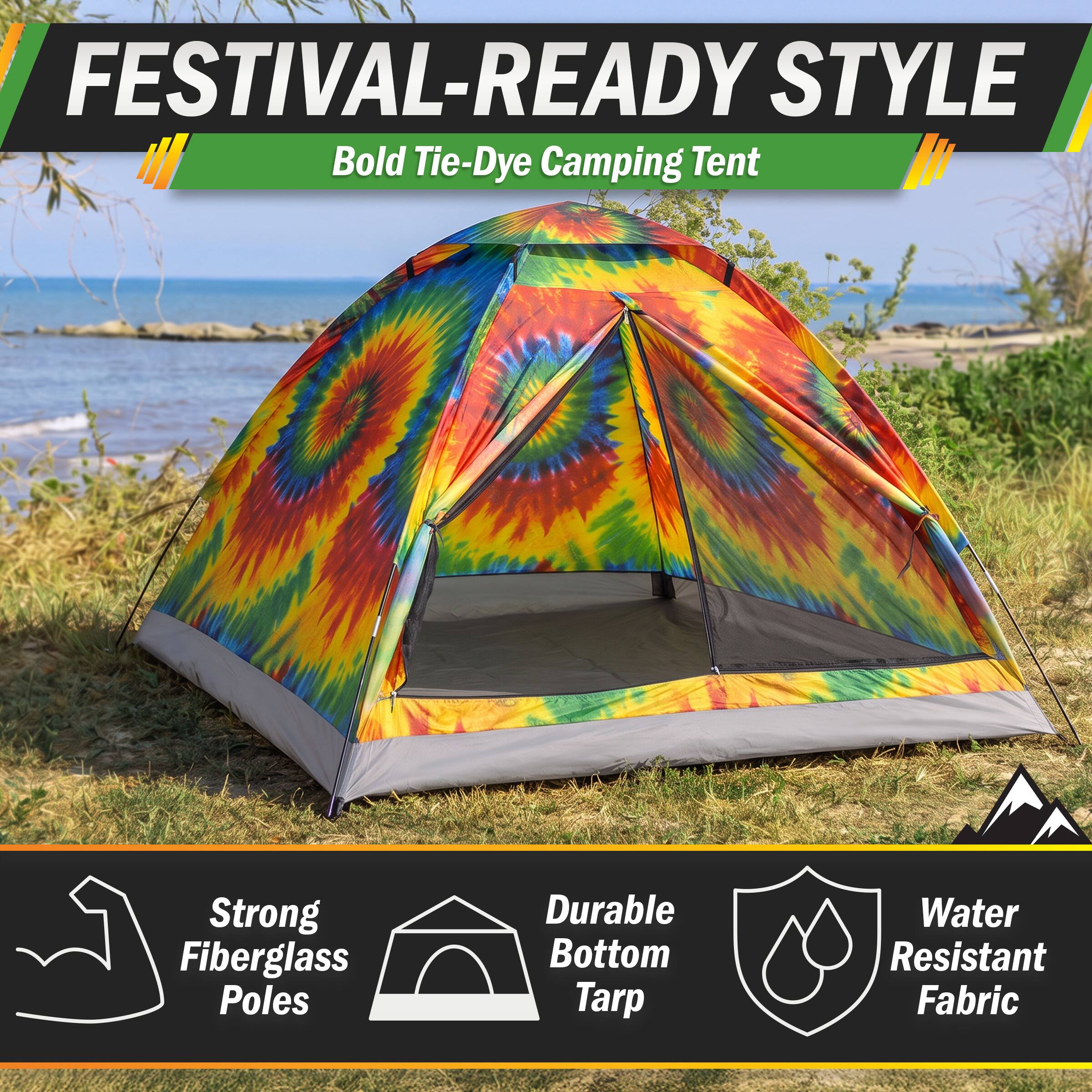 FESTIVAL-READY STYLE  
Bold Tie-Dye Camping Tent  

Strong Fiberglass Poles  
Durable Bottom Tarp  
Water Resistant Fabric
