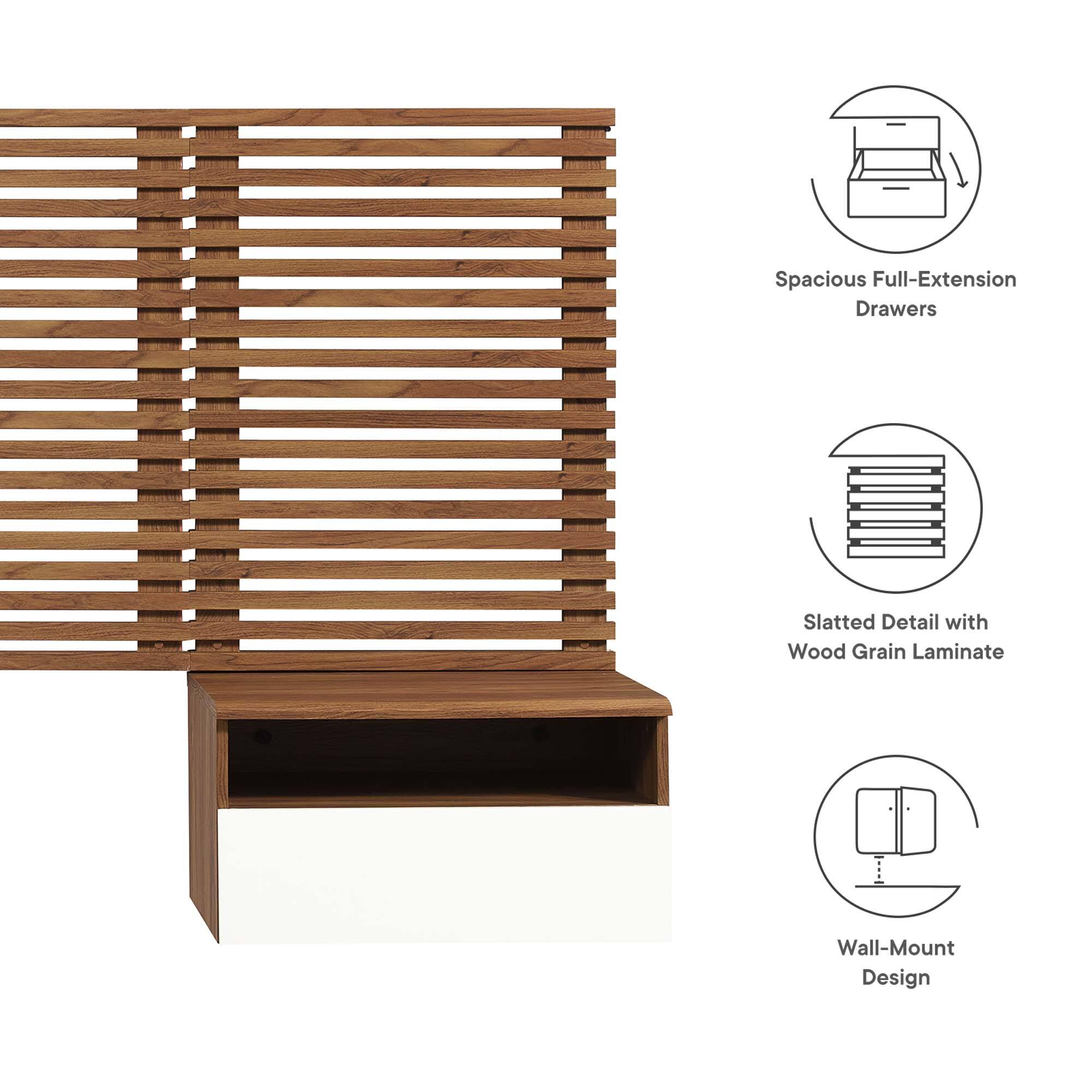 Spacious Full-Extension Drawers  
Slatted Detail with Wood Grain Laminate  
Wall-Mount Design