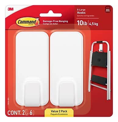 3M Command Damage-Free Hanging  
Cuevas sin dañar  
X-Large Hooks  
Ganchos extragrandes  
10 lb 4.5 kg  
CONT. 2 6  
Value 2 Pack  
Paquete Económico