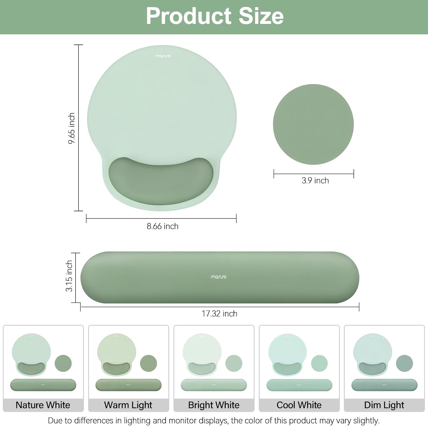 Product Size  
- Height: 9.65 inch  
- Diameter: 3.9 inch  
- Length: 8.66 inch  
- Width: 3.15 inch  
- Total Length: 17.32 inch  

Light Options:  
- Nature White  
- Warm Light  
- Bright White  
- Cool White  
- Dim Light  

Note: Due to differences in lighting and monitor displays, the color of this product may vary slightly.