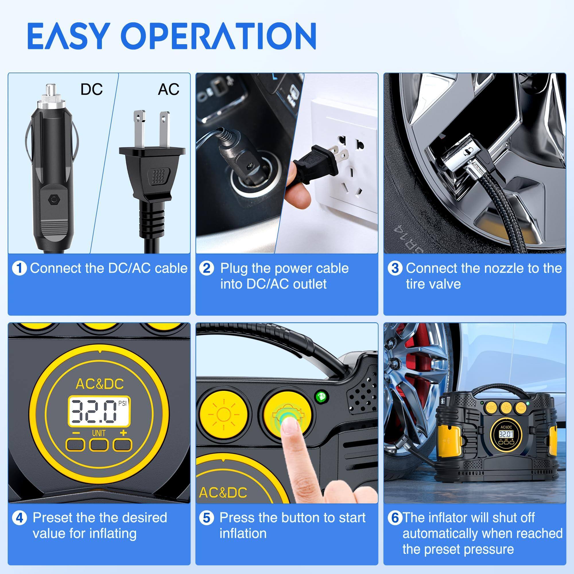 JETRANSPORT Tire Inflator Portable Air Compressor Dual Power For Car ...