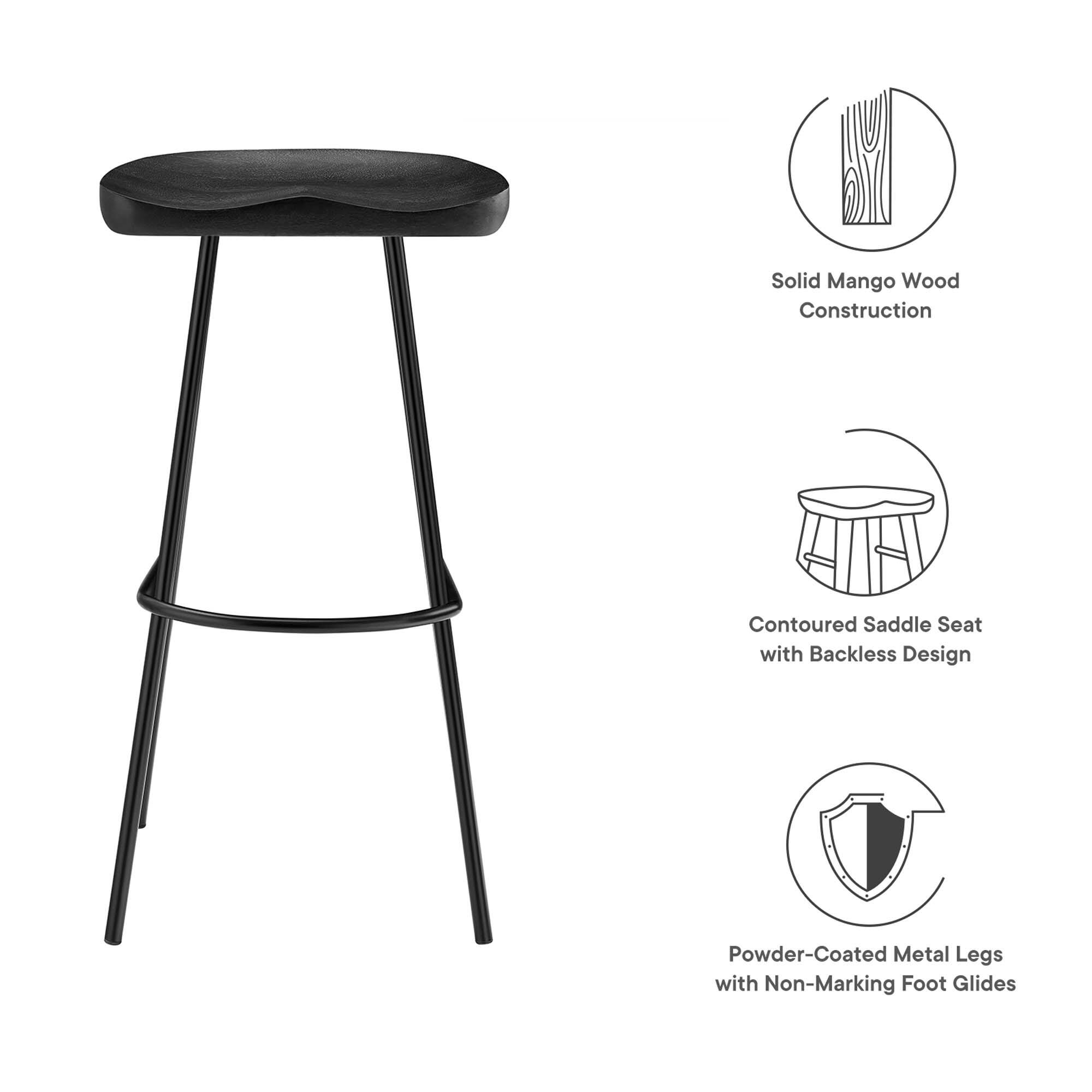 Solid Mango Wood Construction  
Contoured Saddle Seat with Backless Design  
Powder-Coated Metal Legs with Non-Marking Foot Glides