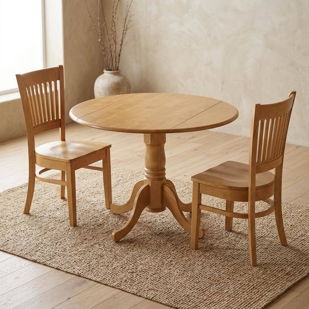 Alt View 3. FurniFact - Solid Wood Round Drop-Leaf Kitchen Nook 3-Piece - Oak.