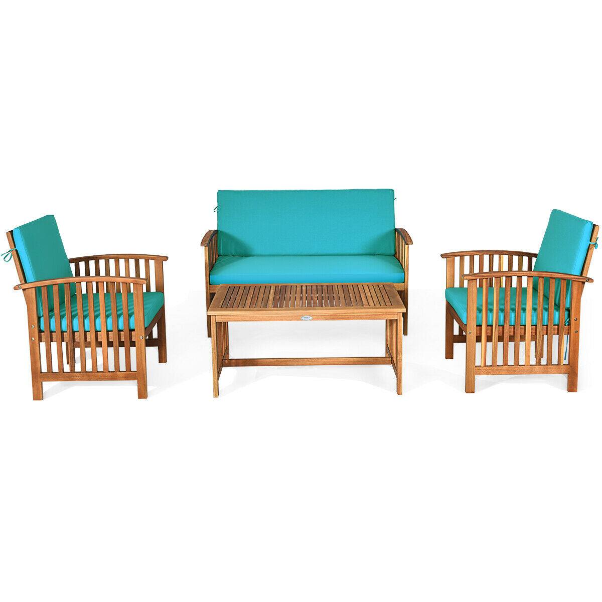 Alt View 4. Gymax - Gymax 8PCS Wooden Patio Conversation Set Outdoor Furniture Set w/ Cushions Turquoise - Turquoise.