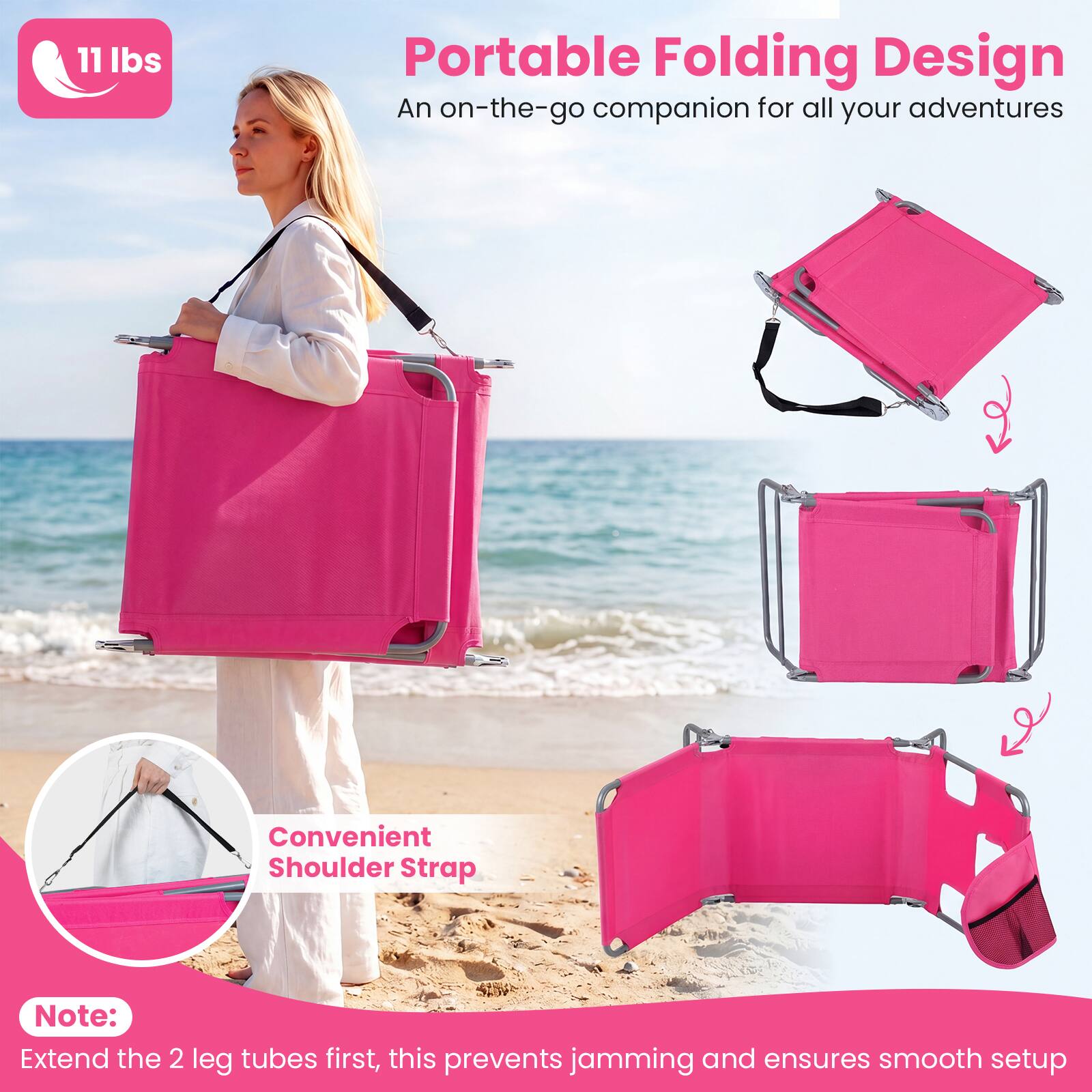 11 lbs Portable Folding Design  
An on-the-go companion for all your adventures  

Convenient Shoulder Strap  

Note:  
Extend the 2 leg tubes first, this prevents jamming and ensures smooth setup