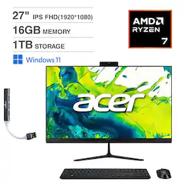 Acer - Aspire All-in-One 27 FHD (AMD Ryzen 7 5825U, 16GB DDR4, 1TB PCIe SSD, AMD Radeon, Win 11 Pro) w/USB Hub - Black