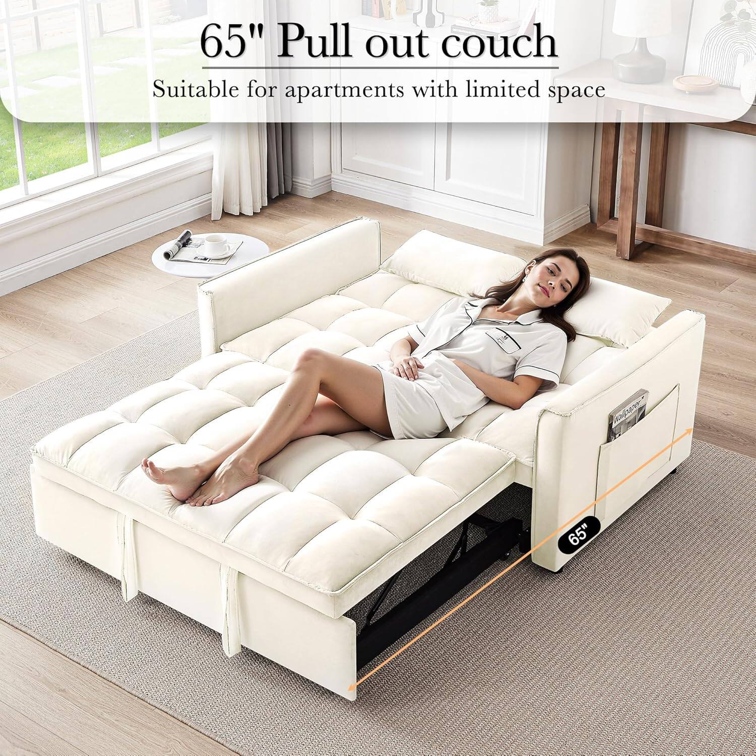 65" Pull out couch, Suitable for apartments with limited space, 65"