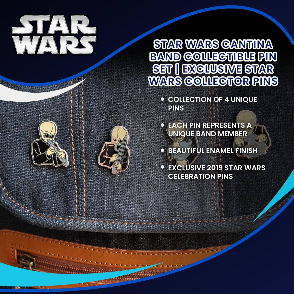 STAR WARS CANTINA BAND COLLECTIBLE PIN SET | EXCLUSIVE STAR WARS COLLECTOR PINS

- COLLECTION OF 4 UNIQUE PINS
- EACH PIN REPRESENTS A UNIQUE BAND MEMBER
- BEAUTIFUL ENAMEL FINISH
- EXCLUSIVE 2019 STAR WARS CELEBRATION PINS