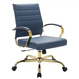LeisureMod - Benmar Leather Office Chair with Gold Accents, Adjustable Height, Swivel, Ergonomic Design for Home Office or Workspace - Navy Blue